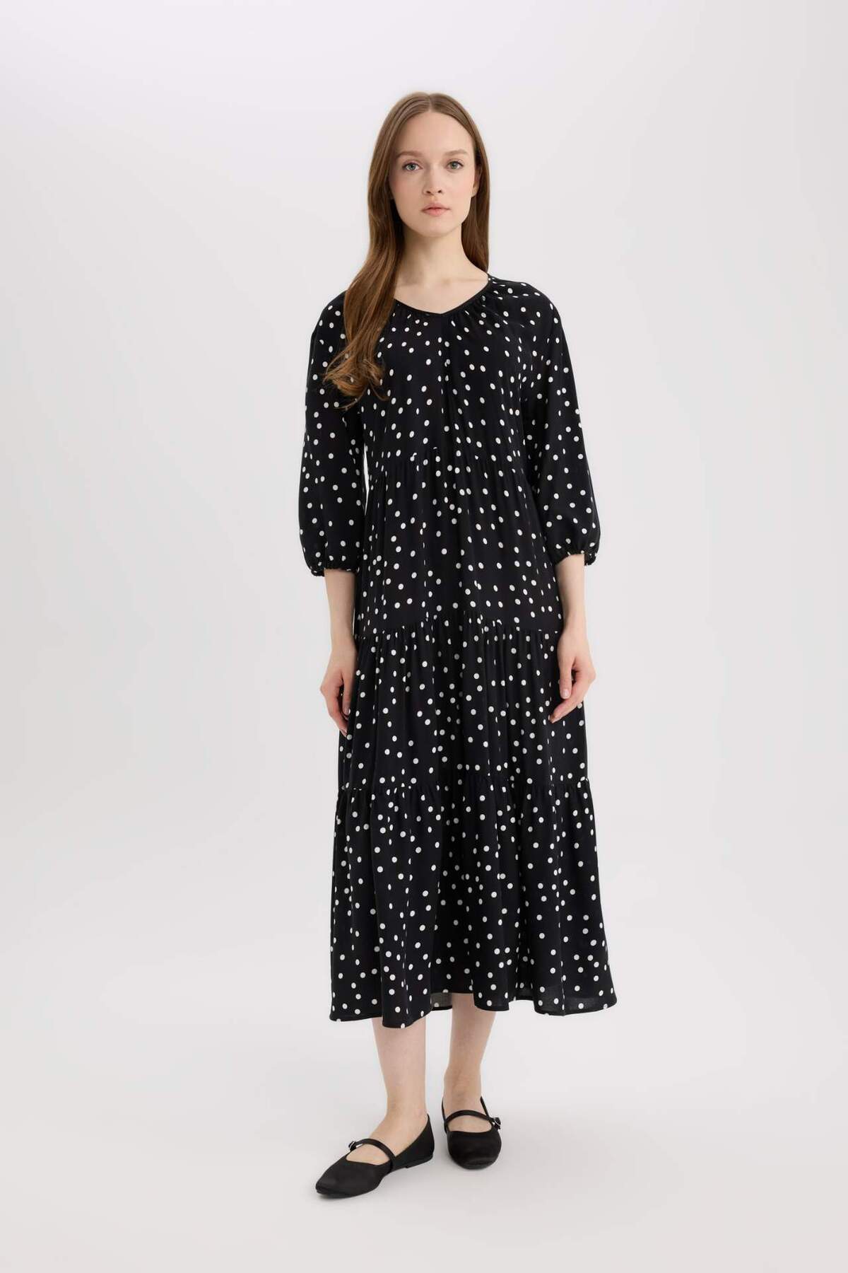 Defacto Regular Fit Patterned V Neck Long Sleeve Maxi Dress E8302Ax25Sp
