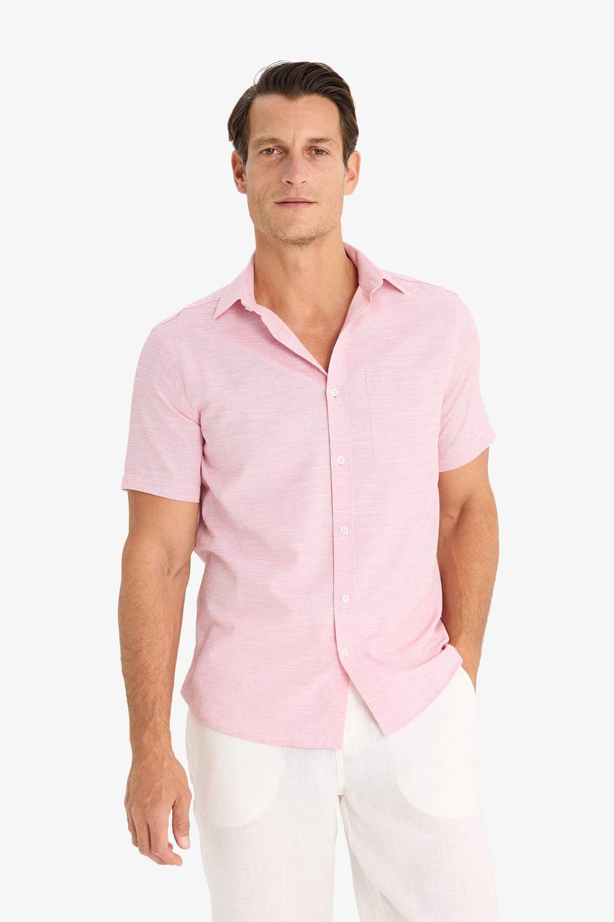 Modern Fit Yazlık Polo Yaka Basic Düz Kısa Kollu Gömlek E5077AX25SM — صورتی — تصویر 4 از 6