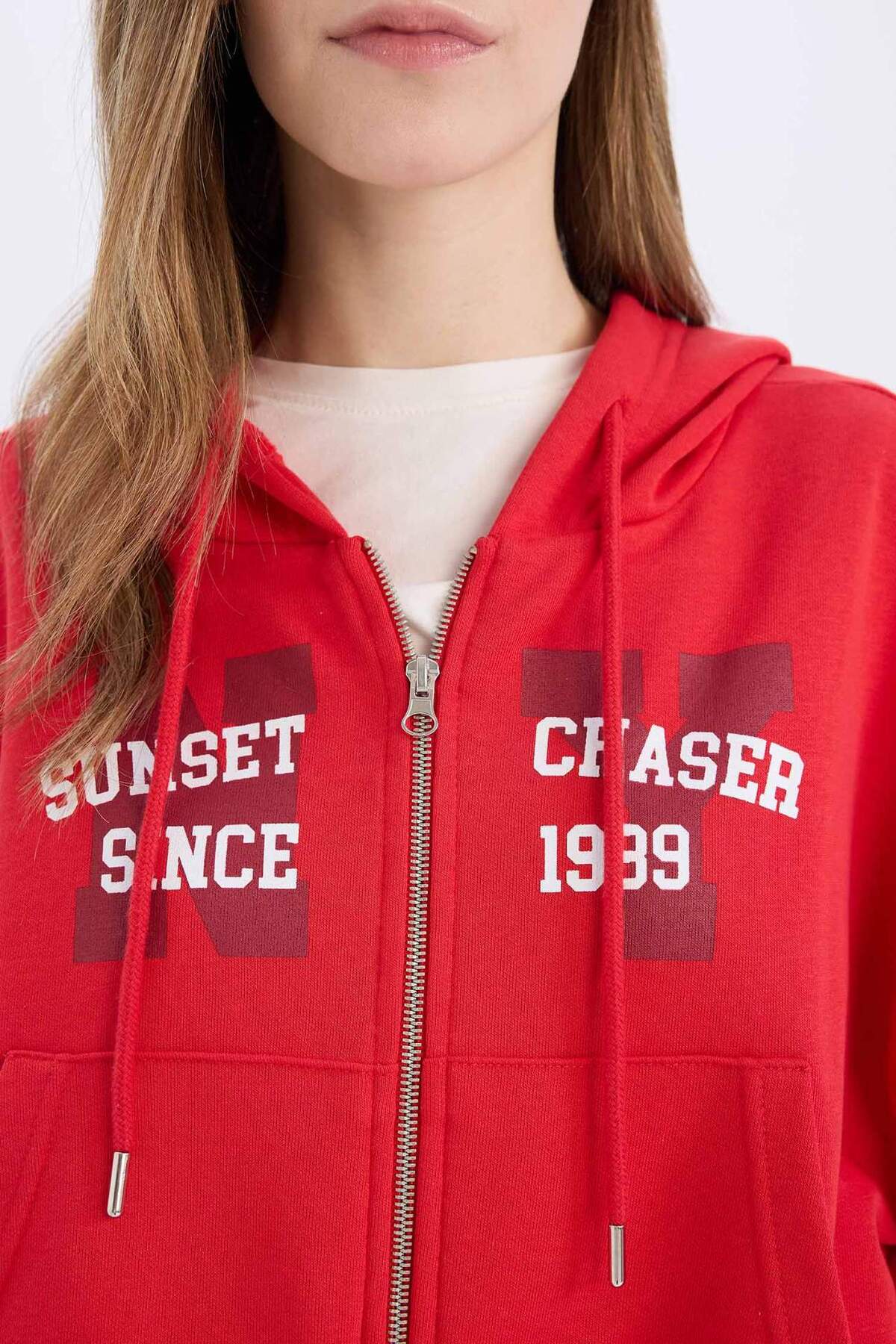 Defacto  Oversize Geniş Kalıp Kapüşonlu Baskılı Kalın Fermuarlı Sweatshirt E5463AX25SM - Görsel 5