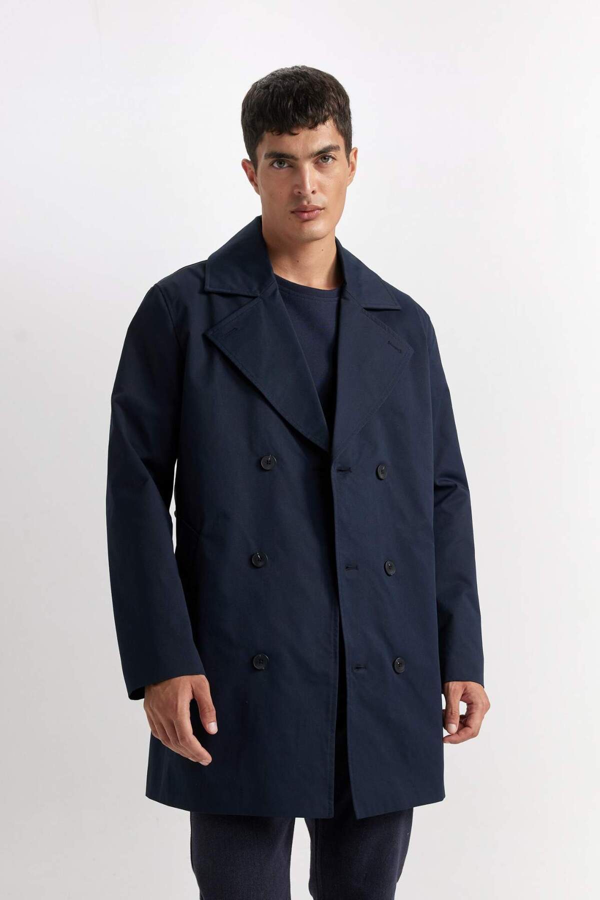 Defacto  Slim Fit Dar Kesim Astarlı Düğmeli Cepli Kemerli Mevsimlik Baharlık Trençkot D5528AX25SP - Görsel 6