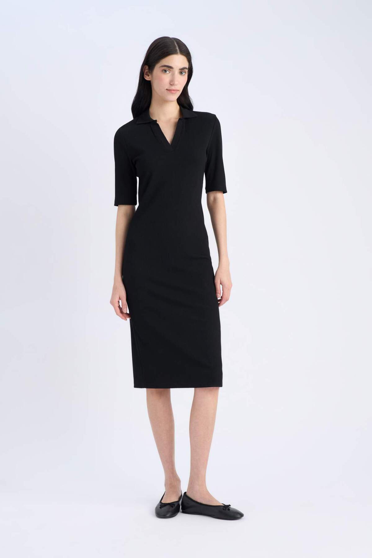 Defacto  Bodycon Vücudu Saran Polo Yaka Basic Düz Fitilli Kaşkorse Kısa Kollu Midi Elbise E6806AX25SP - Görsel 3