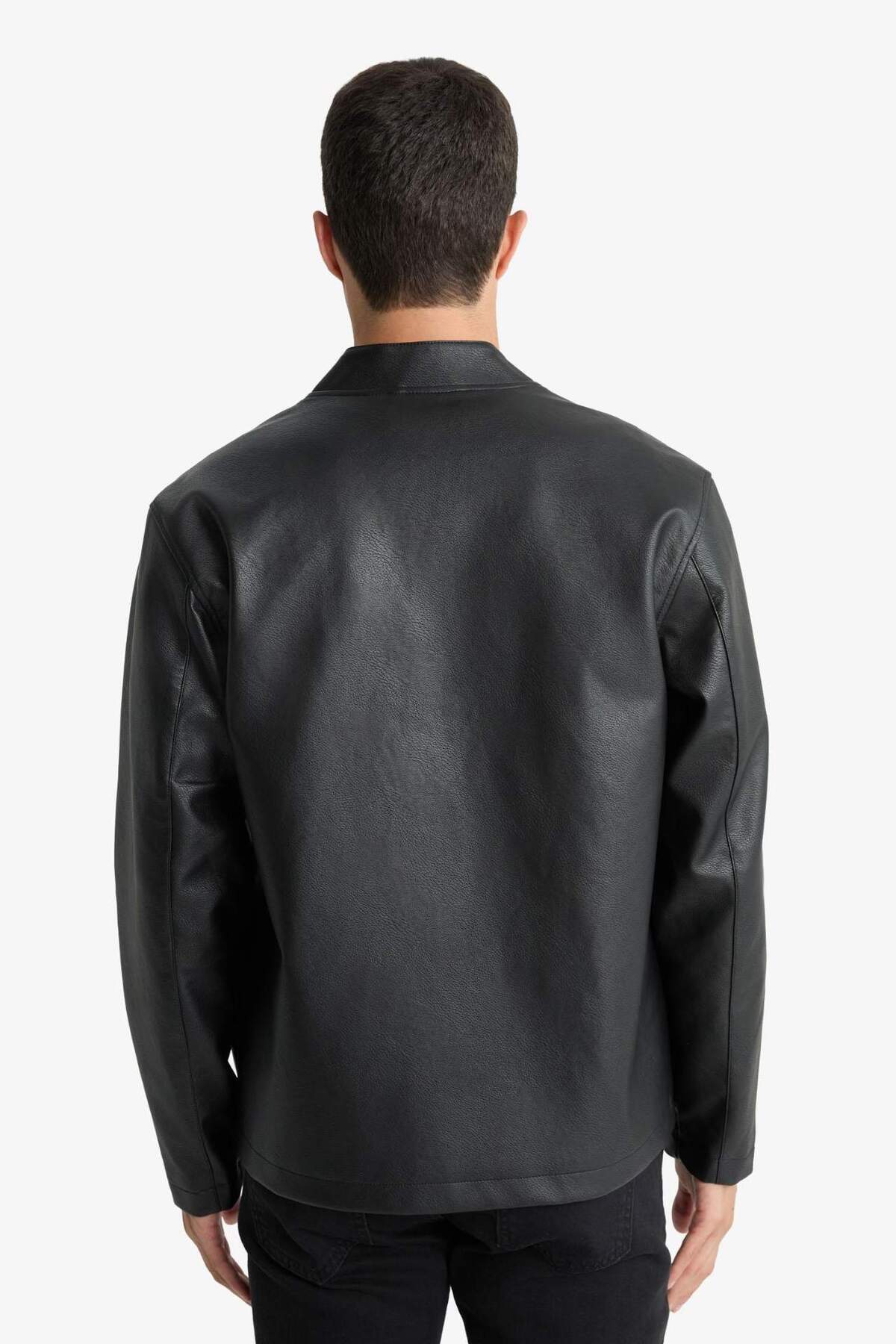 Defacto  Su İtici Slim Fit Dar Kesim Dik Yaka Fermuarlı Suni Deri Ceket Mont D8525AX25SP - Görsel 7