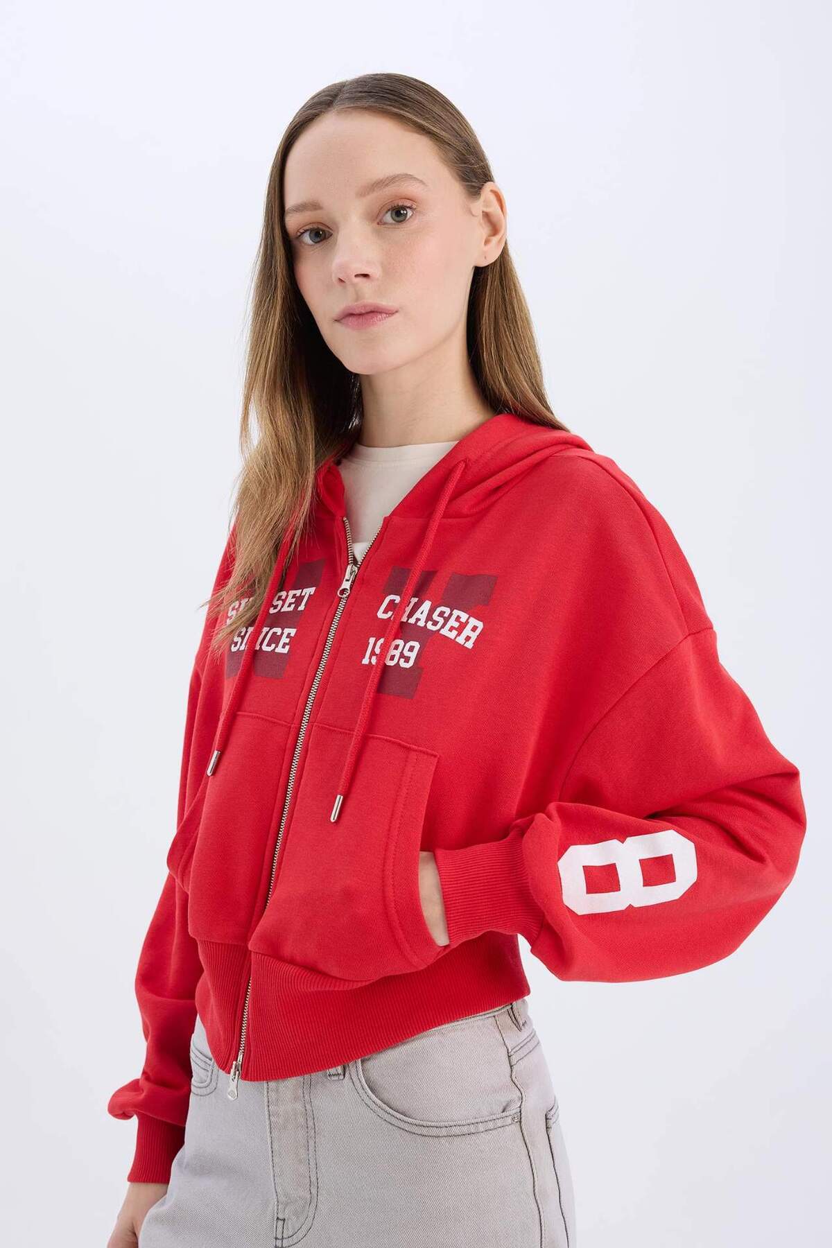 Defacto  Oversize Geniş Kalıp Kapüşonlu Baskılı Kalın Fermuarlı Sweatshirt E5463AX25SM - Görsel 4