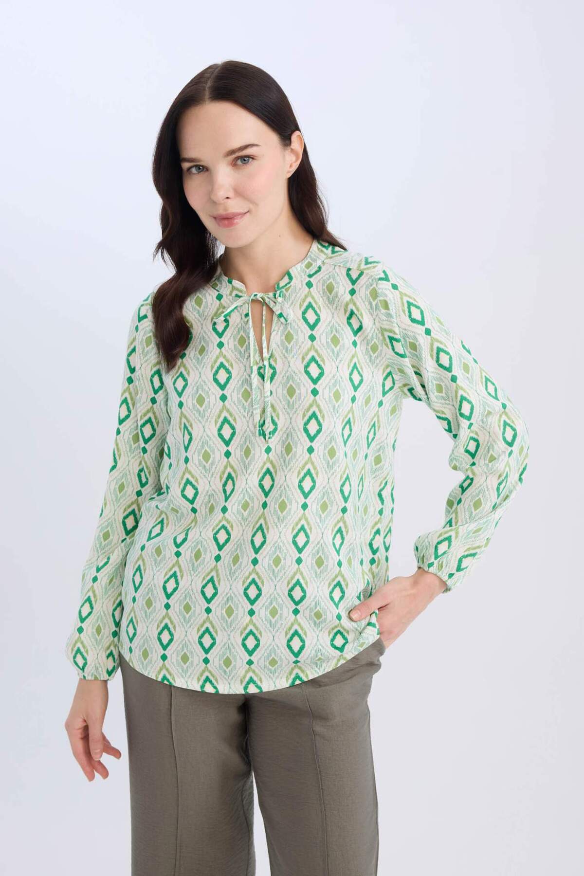 Regular Fit Lace-up Collar Patterned Long Sleeve Blouse N1809AZ25SP