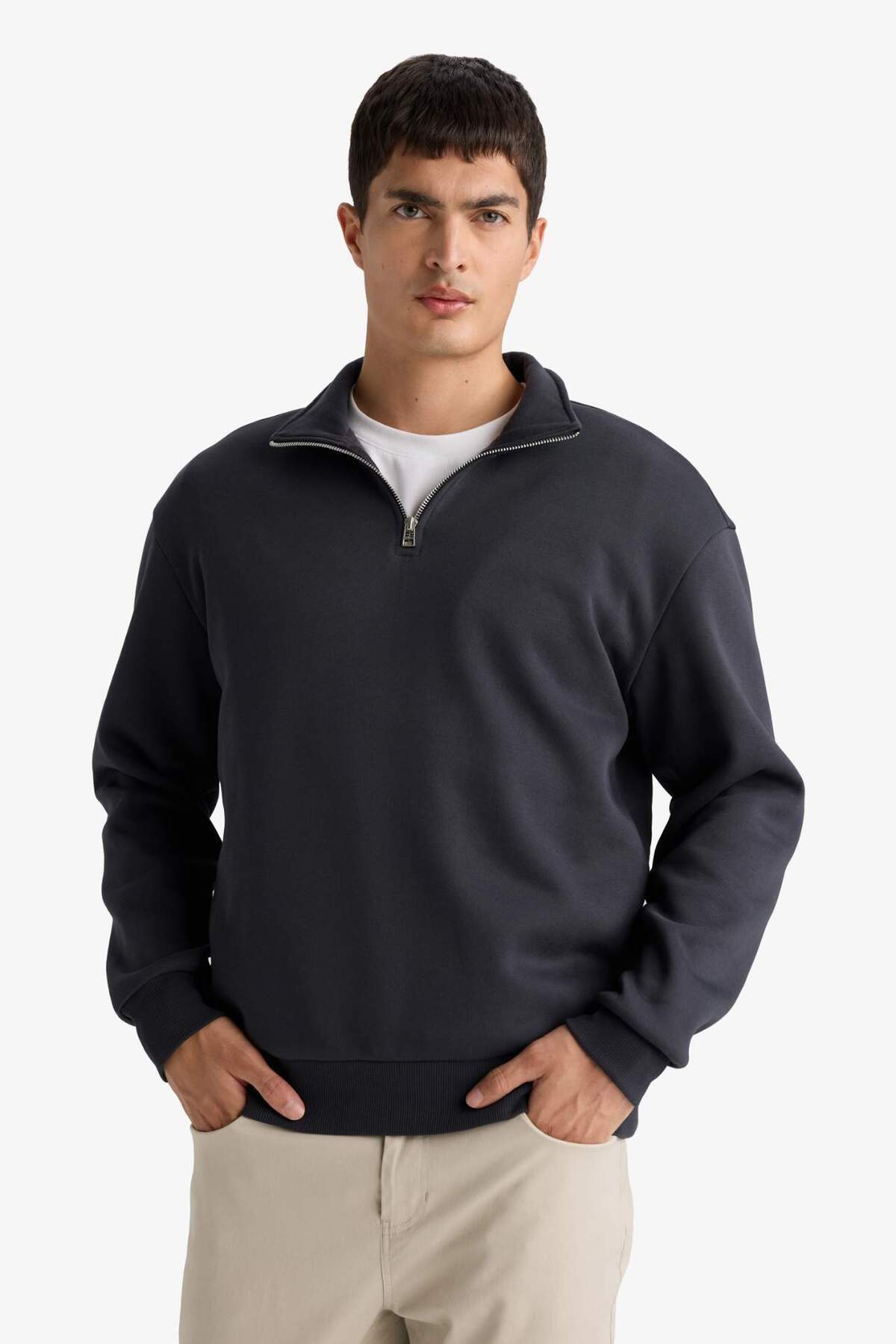 Defacto  Comfort Regular Fit Rahat Kalıp Fermuarlı Dik Yaka Basic Düz Sweatshirt X7405AZ25SP - Görsel 4