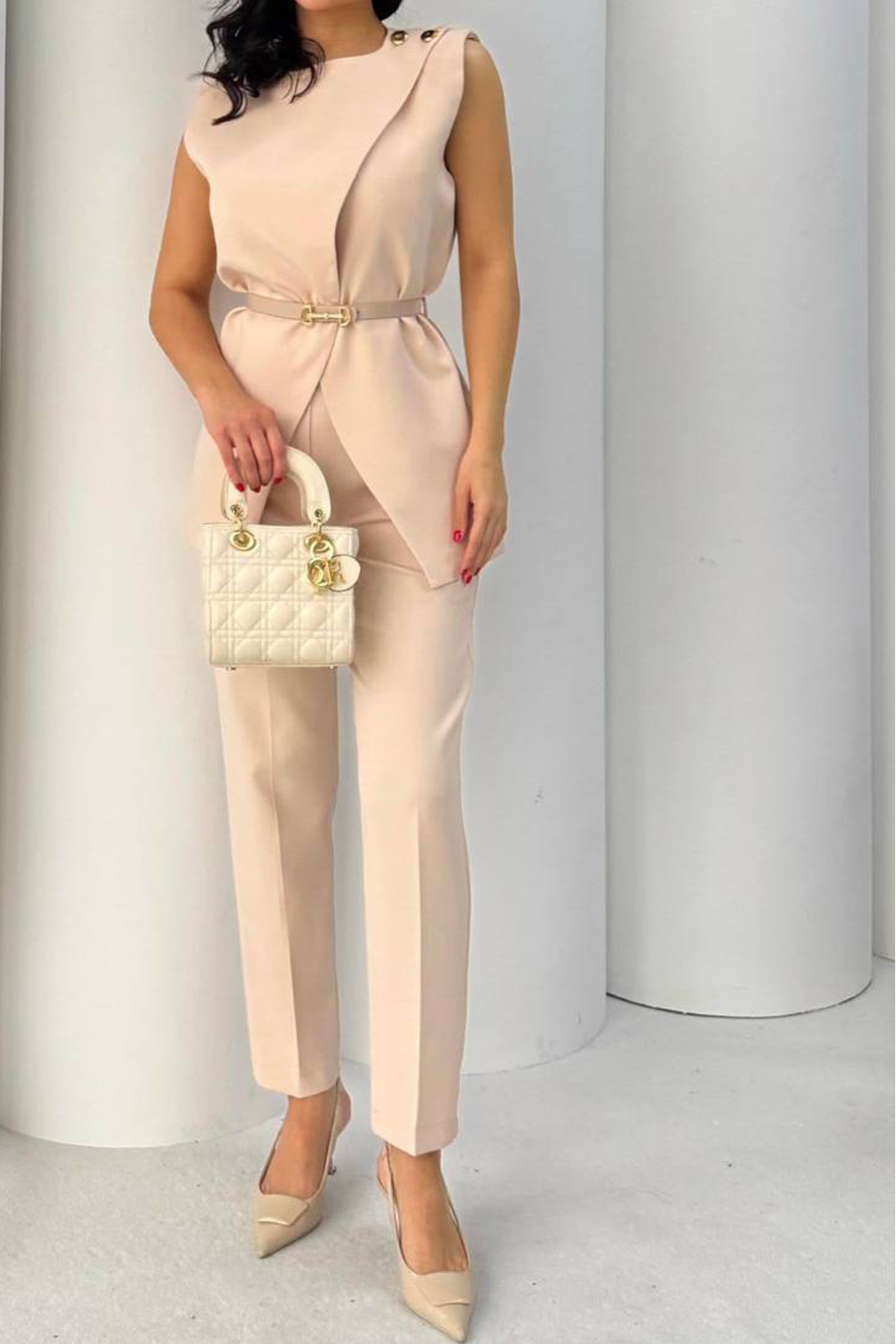 women's Beige Belt Detailed Vest Pants 2pcs Set NBSTR4061