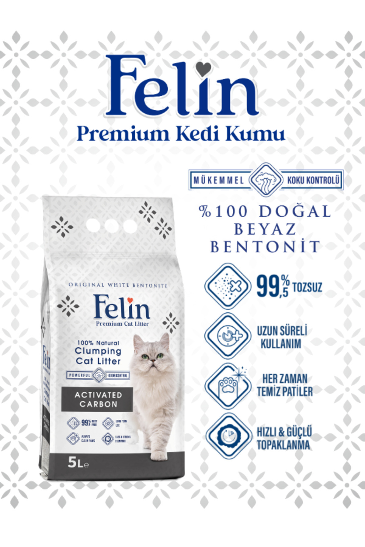 FELİN Aktif Karbonlu Topaklanan Ince Taneli Kedi Kumu 5 Lt