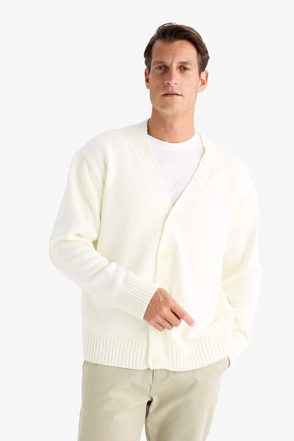 DeFacto Relax Fit V Yaka Düğmeli Triko Hırka E5343AX24WN görsel 3