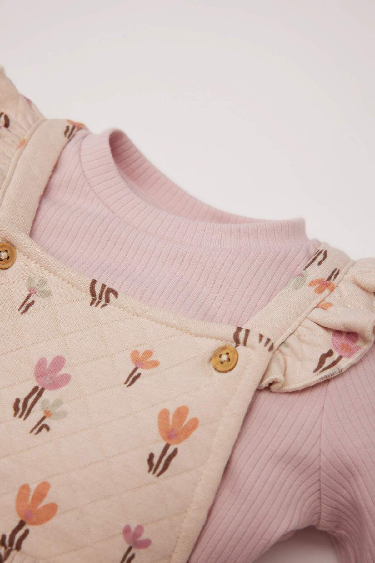 Defacto Kız Bebek 2'li Takım Çiçekli Fitilli Kaşkorse Elbise Basic Düz Uzun Kollu Tişört D7252A524WN fotoğrafı 3 (önizleme)