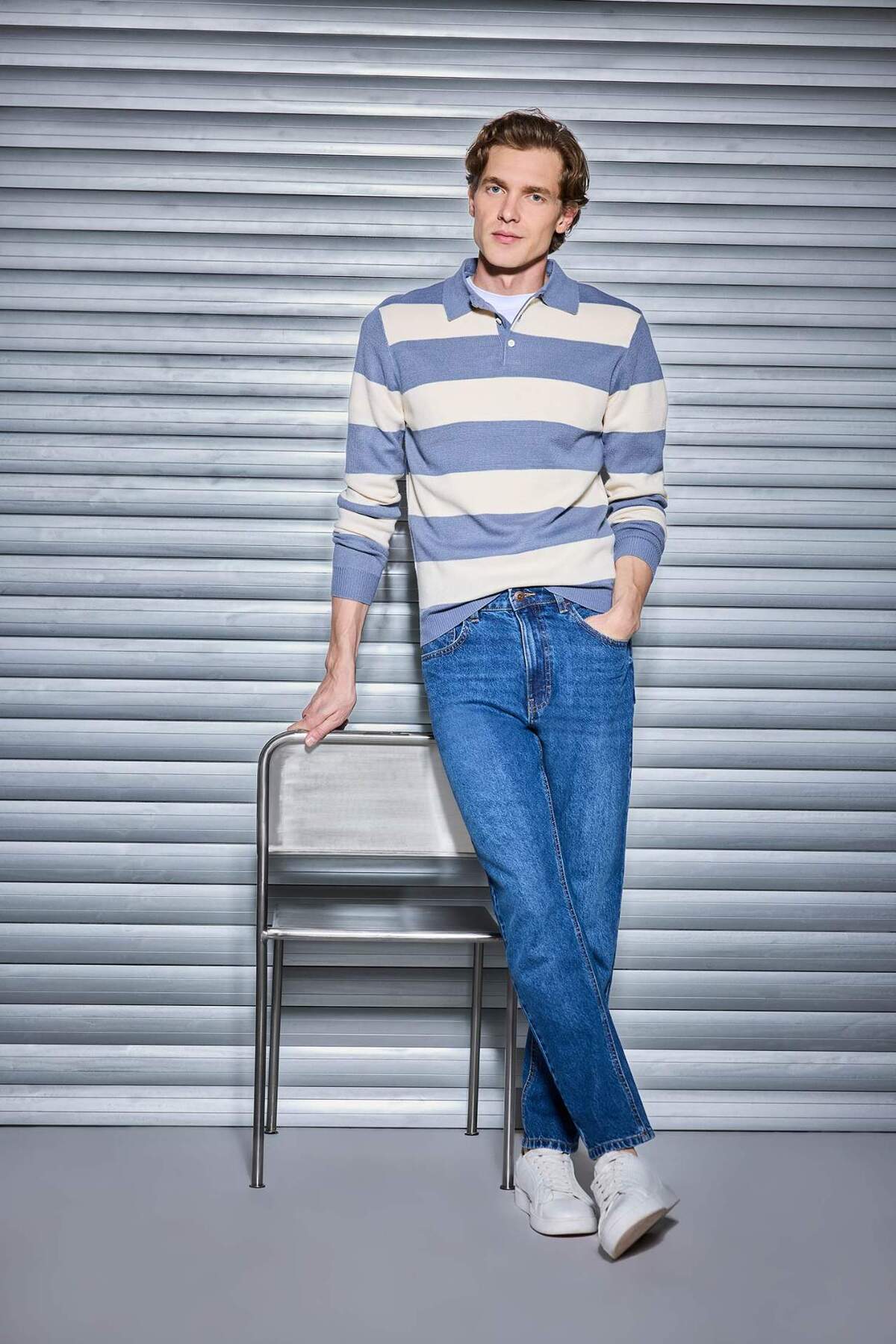 Defacto  Standart Fit Normal Kesim Çizgili Polo Yaka Triko Kazak Y4194AZ24WN - Görsel 2