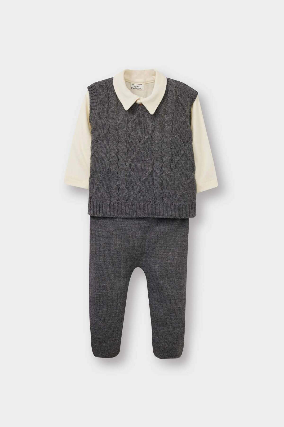 Defacto Baby Boy Polo Neck Buttoned Long Sleeve Snap Fastener Body Knit Patterned Knitwear Sweater with Elastic Waist