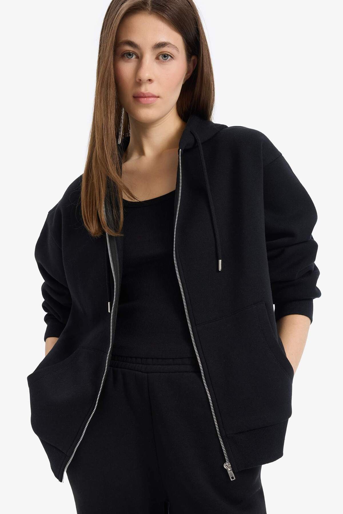 Defacto  Siyah Okula Dönüş Relax Fit Kapüşonlu Kalın Basic Düz Cepli Fermuarlı Sweatshirt D8717AX24WN