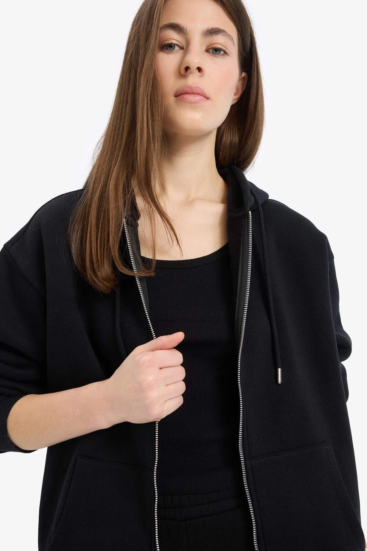 Defacto  Siyah Okula Dönüş Relax Fit Kapüşonlu Kalın Basic Düz Cepli Fermuarlı Sweatshirt D8717AX24WN - Görsel 5