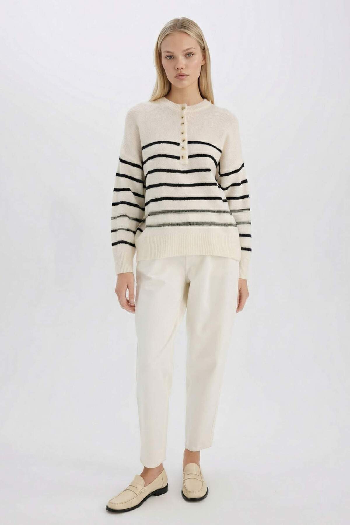 Defacto  Oversize Geniş Kalıp Düğmeli Yaka Triko Kazak D4913AXNS - Görsel 5