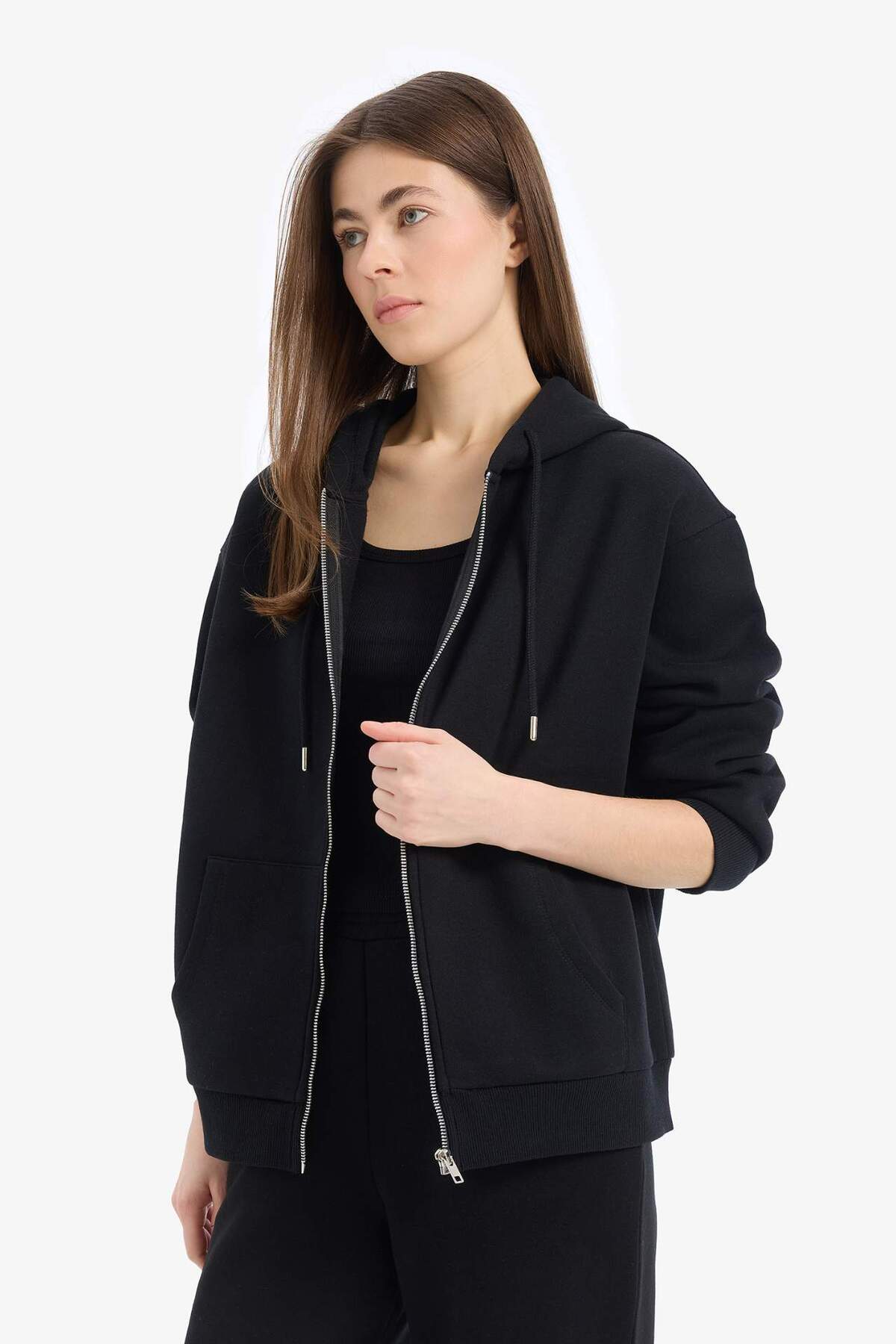 Defacto  Siyah Okula Dönüş Relax Fit Kapüşonlu Kalın Basic Düz Cepli Fermuarlı Sweatshirt D8717AX24WN - Görsel 3