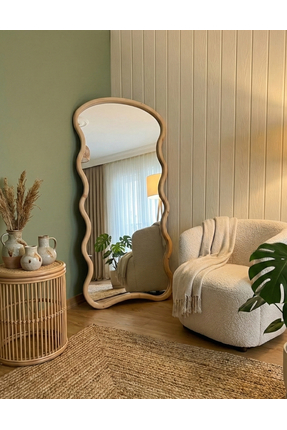 Ersan Dizayn Naturel Ahşap Çerçeve Dalga Model Ayaklı Boy Aynası 80x180