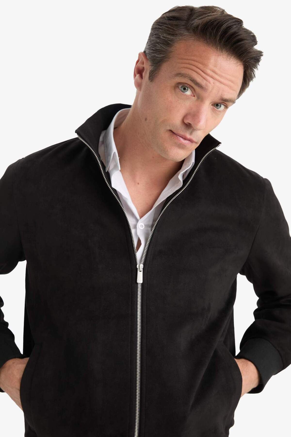 Defacto  Slim Fit Dar Kesim Dik Yaka Astarlı Fermuarlı Cepli Süet Mevsimlik Baharlık Mont D1524AX24WN - Görsel 5