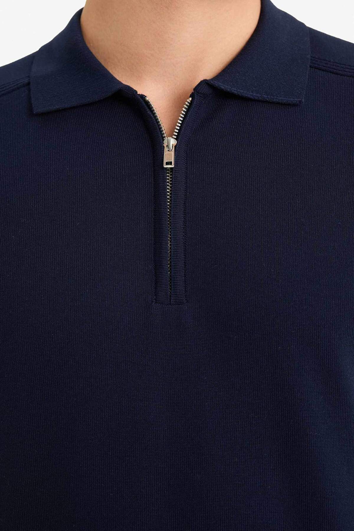 Defacto  Lacivert Standart Fit Normal Kesim Fermuarlı Polo Yaka Triko Kazak D0621AX24AU - Görsel 5
