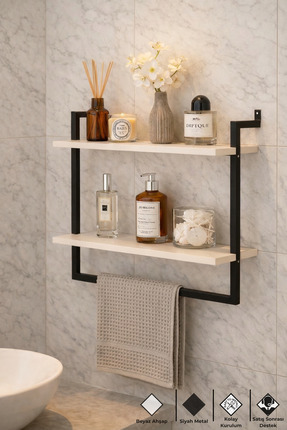 Euromob 60x20 cm Banyo Rafı Duvara Monte Havluluk 2 Katlı Dekoratif Düzenleyi...