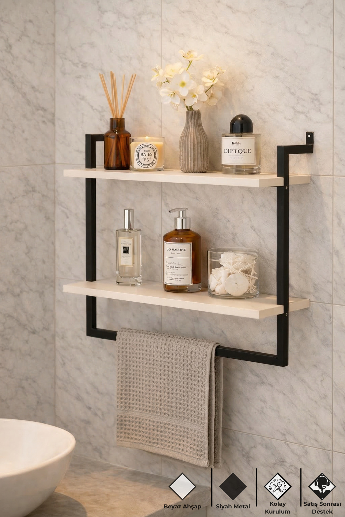60x20cm Bathroom Shelf Wall Mounted Towel Rack 2 Tier Decorative Organizer Organizer Black Metal