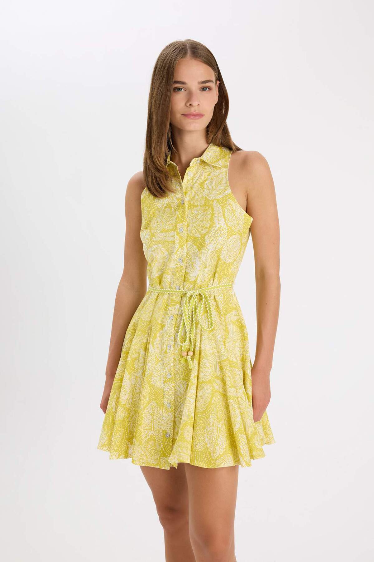 Defacto  A Kesim Gömlek Yaka Desenli Vual Kolsuz Mini Elbise C7085AX24SM - Görsel 3