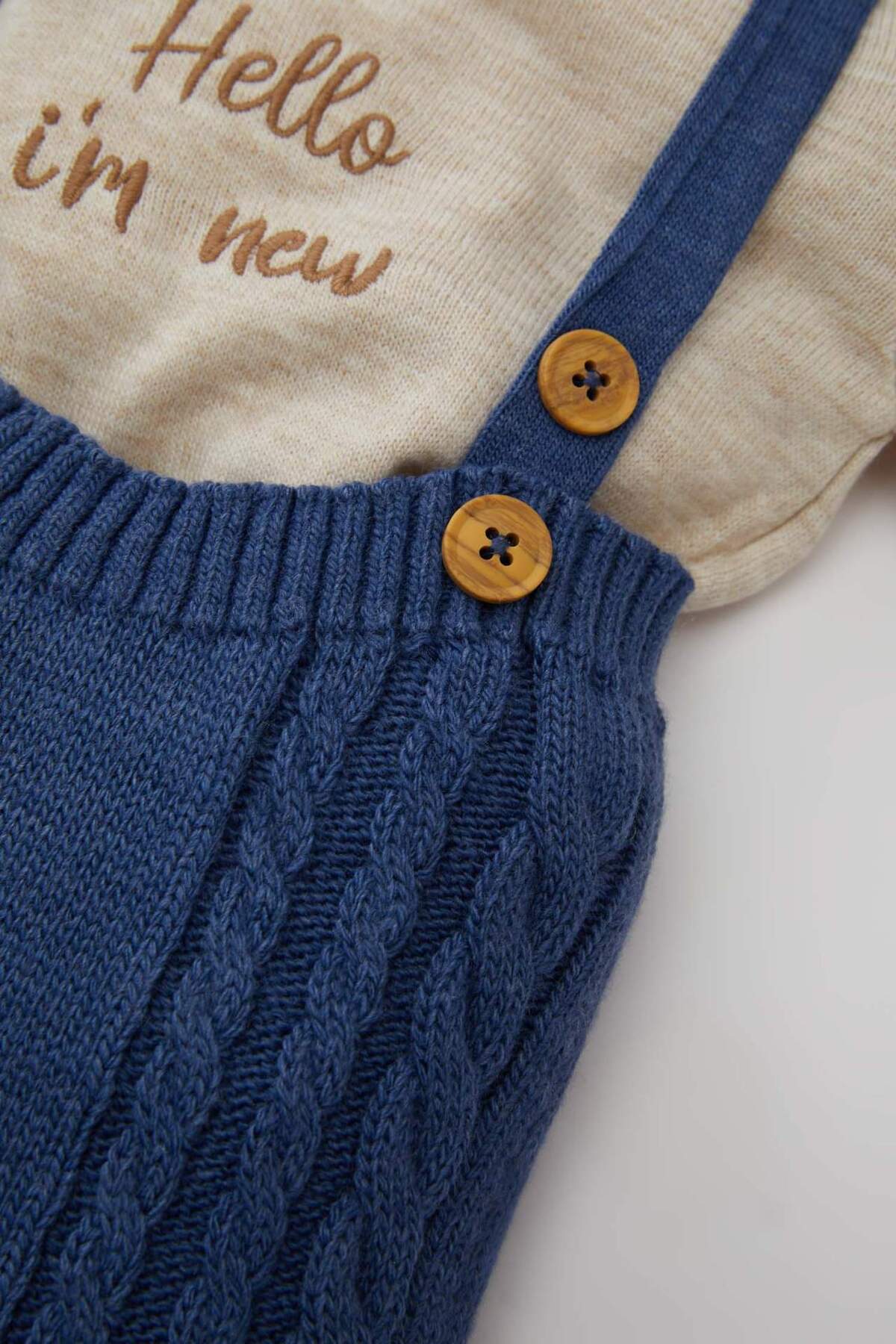 Defacto 2'li Nakış Triko Kazak Askılı Örgü Desenli Salopet Mavi Erkek Bebek Alt-Üst Takım C9592A5/BE fotoğrafı 4 (önizleme)