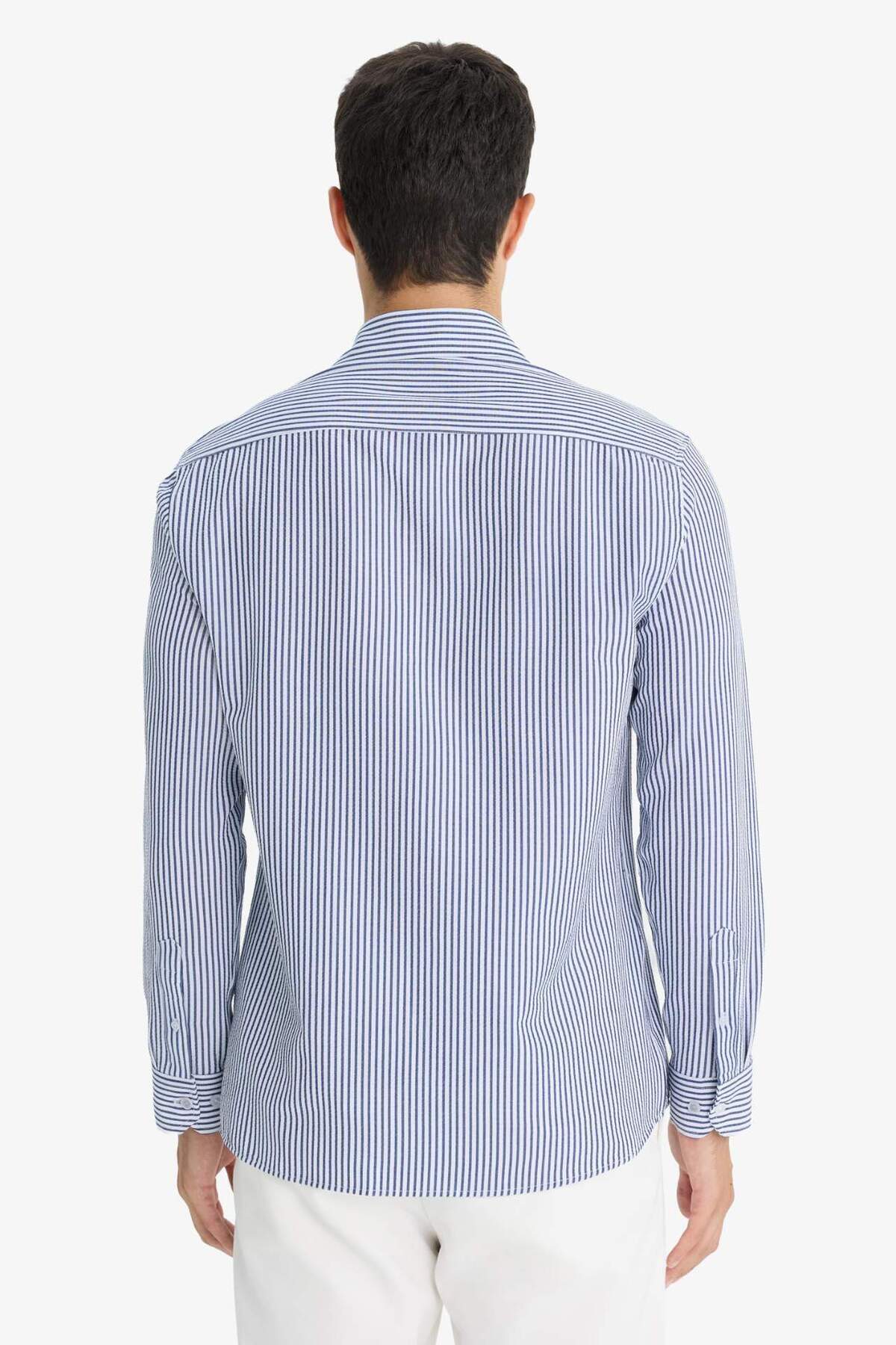 Defacto  Modern Fit Polo Yaka Çizgili Krinkıl Kumaş Gofre Desenli Uzun Kollu Gömlek D6003AX24AU - Görsel 6