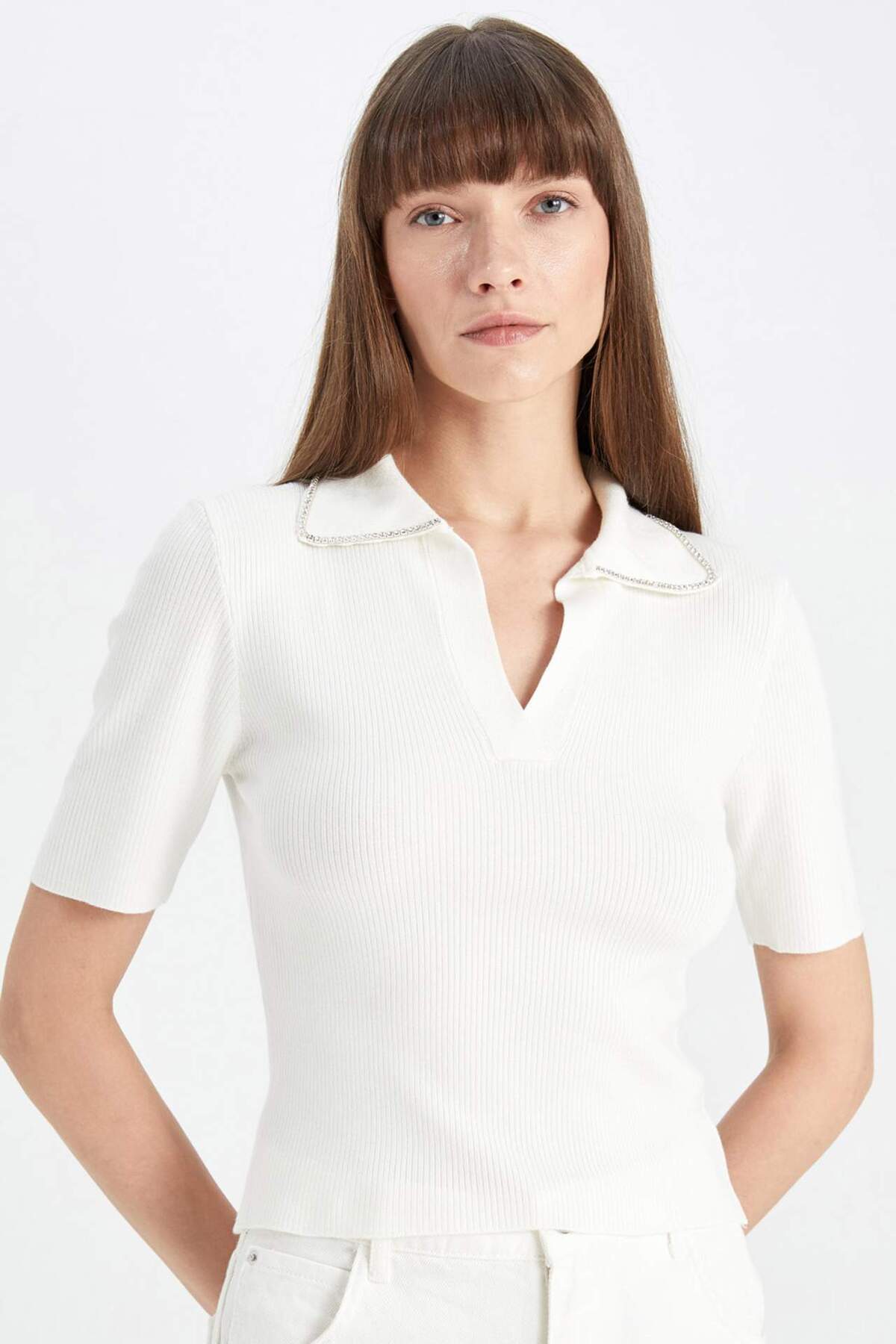 Defacto Fitted Polo Yaka Taş İşlemeli Kısa Kollu Triko Kazak