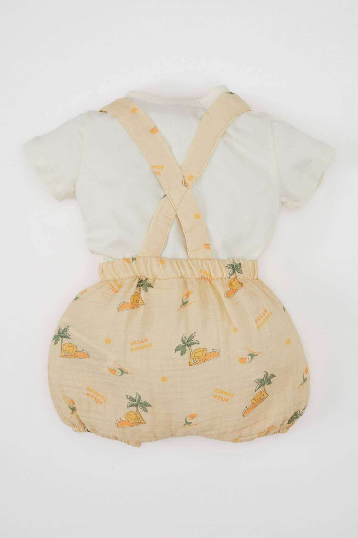 Defacto Erkek Bebek 3'lü Takım Müslin Palmiye Desenli Askılı Tulum Kısa Kollu Tişört Şapka D0768A524HS fotoğrafı 5 (önizleme)