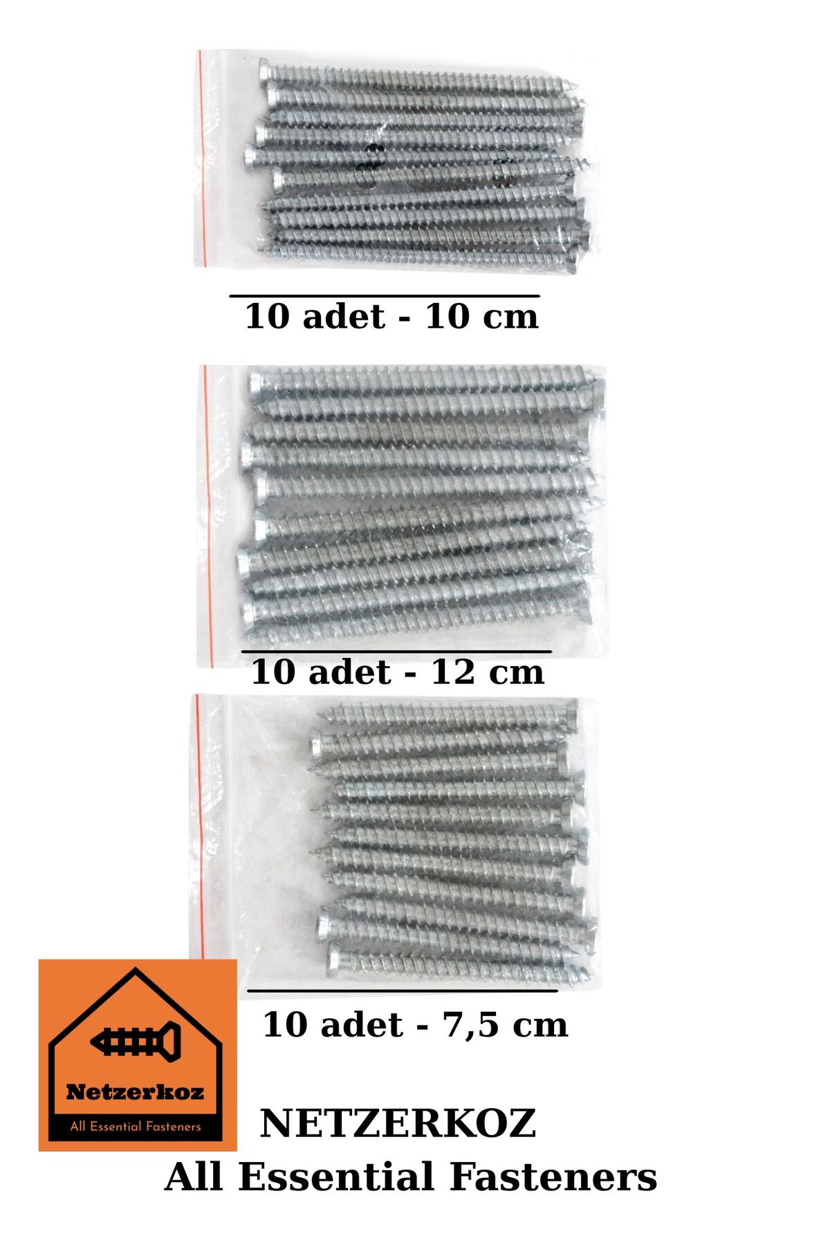 Netzerkoz 30 adet 3 çeşit Beton Vidası-Buldex Vida(7,5x8 - 7,5x10 - 7,5x12cm)-Direkt Betonda Tutunur
