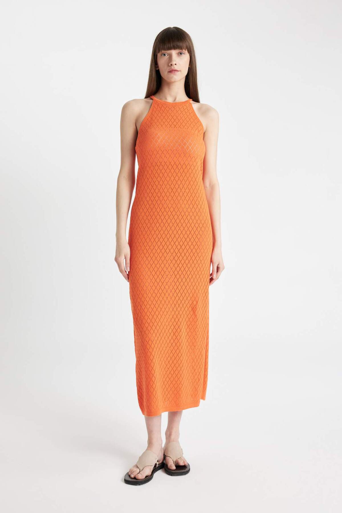 Defacto Regular Fit Halter Neck Knitwear Midi Dress D2820Ax24Hs