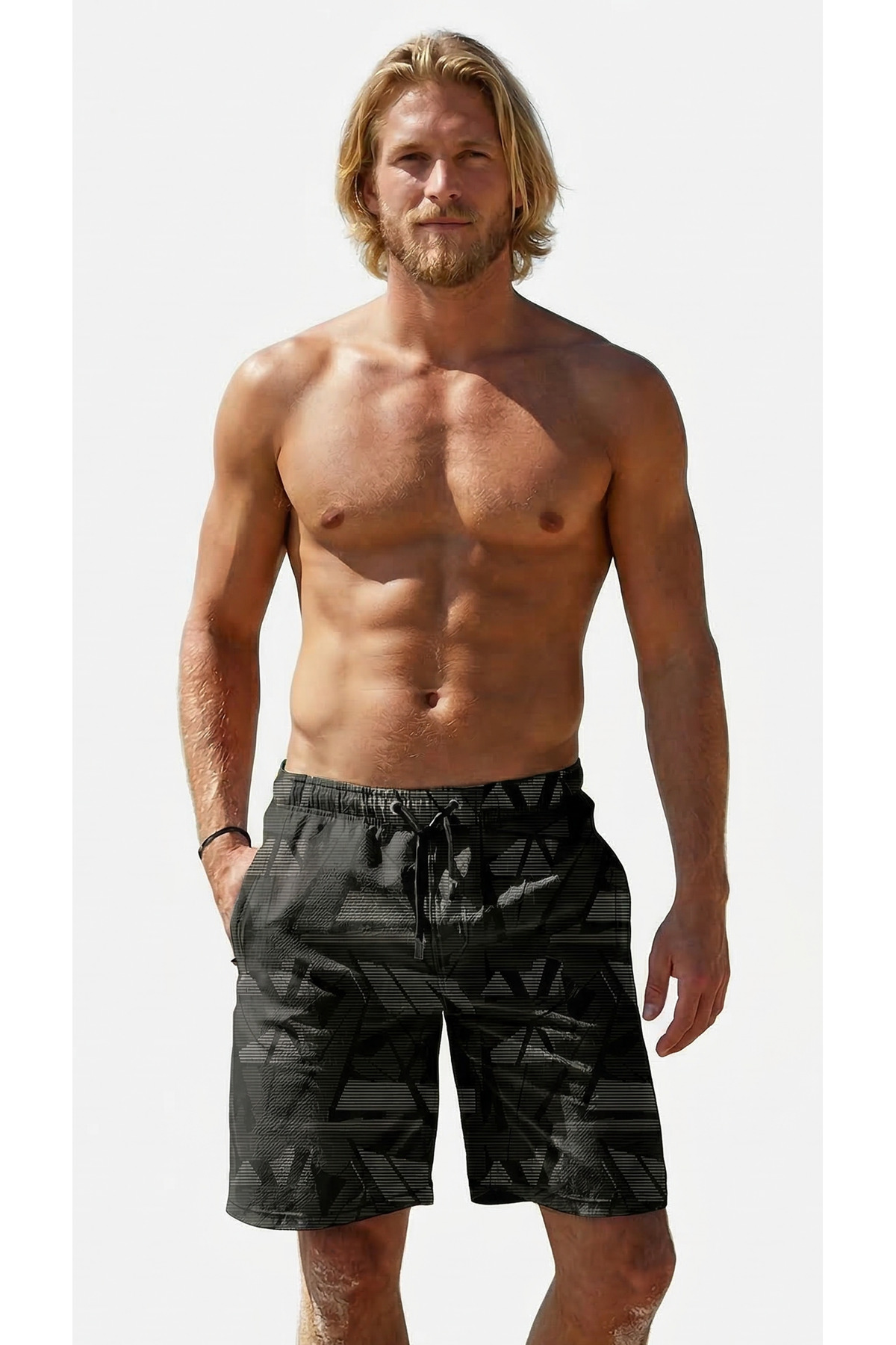 Miami Beach Men's Black Printed Medium Length Swimsuit Swim Shorts
