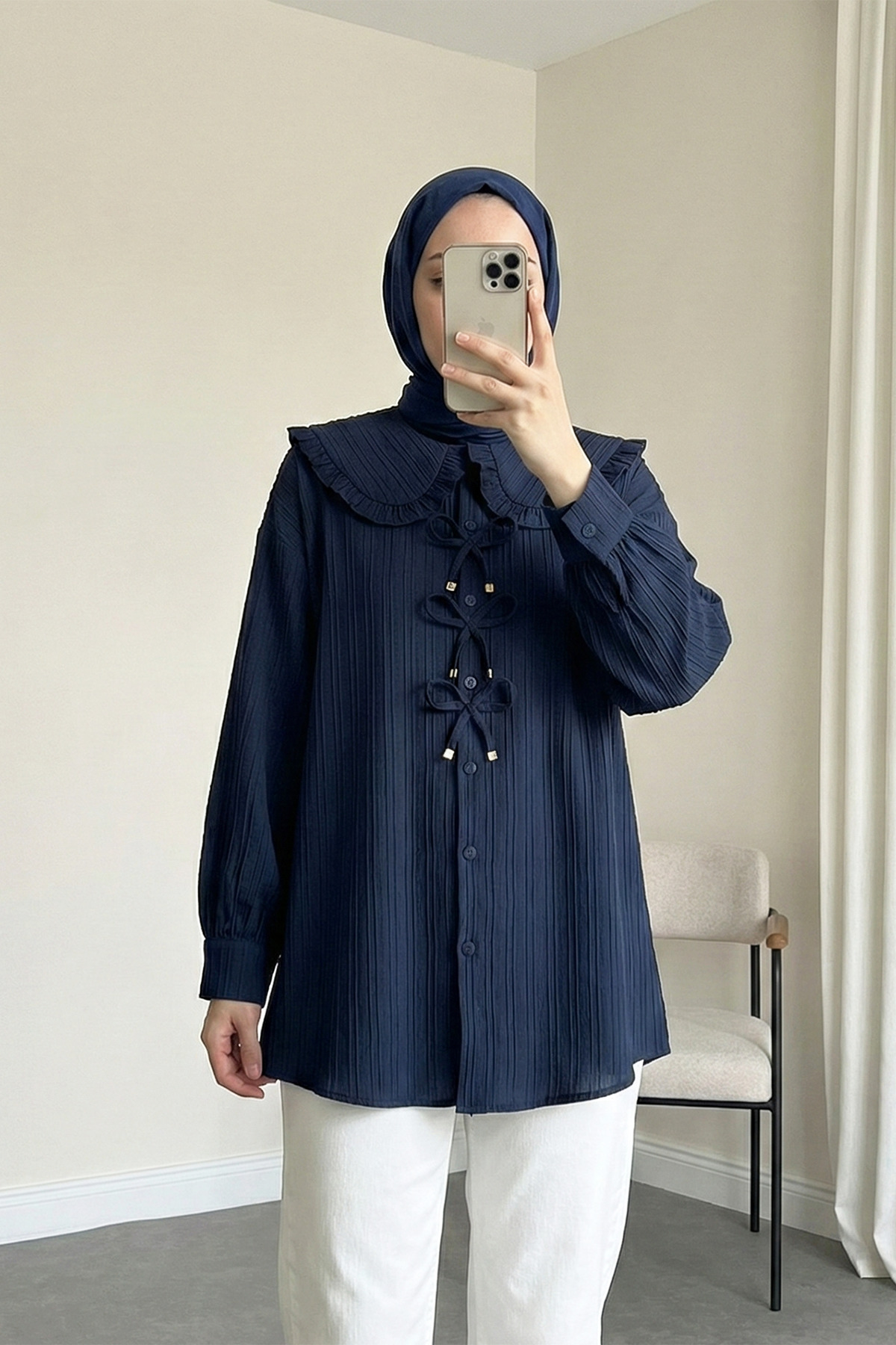 Ribbon Detailed Buttoned Baby Collar Shirt Tunic - Navy