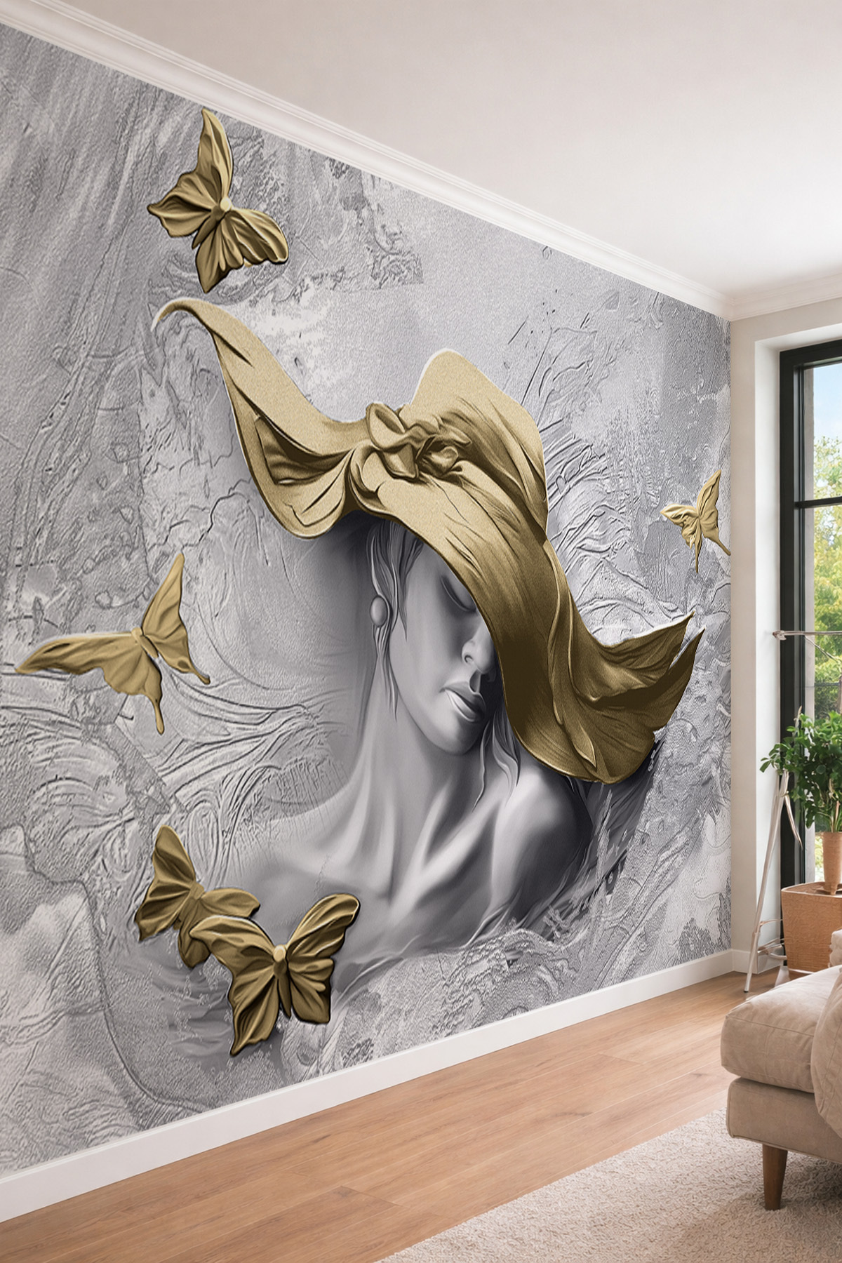 Women's Hat and Butterfly Textile Wallpaper