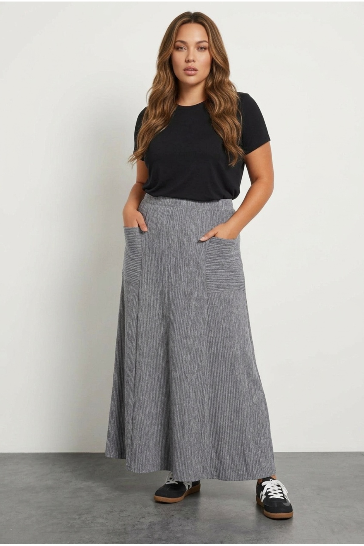 Stil Diva  Büyük Beden Pileli Beli Lastikli Önden Cepli Fitilli Maxi Etek 303899