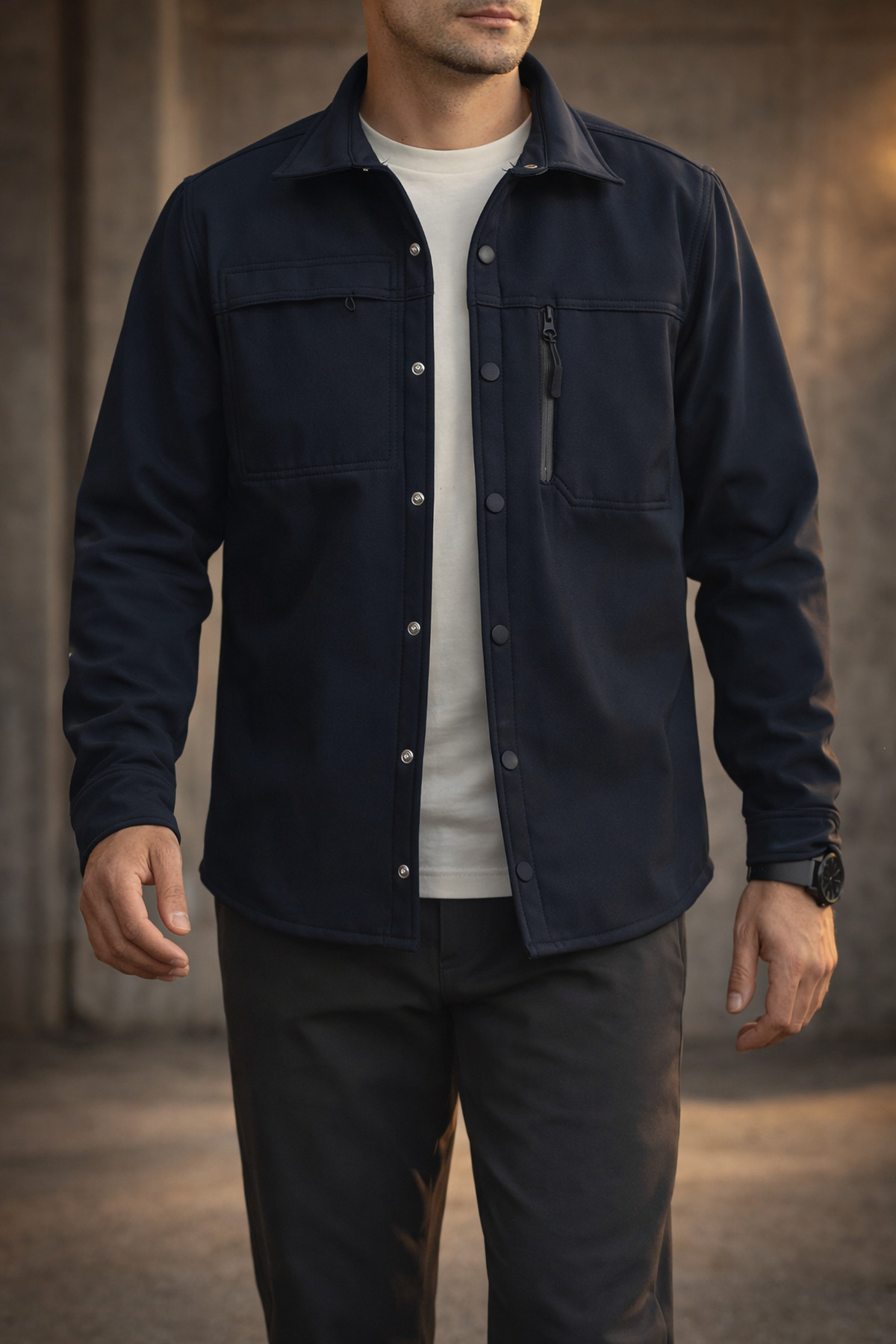 Erkek Lacivert Slimfit Dar Kalıp Softshell Gömlek — سرمهای SW-16858