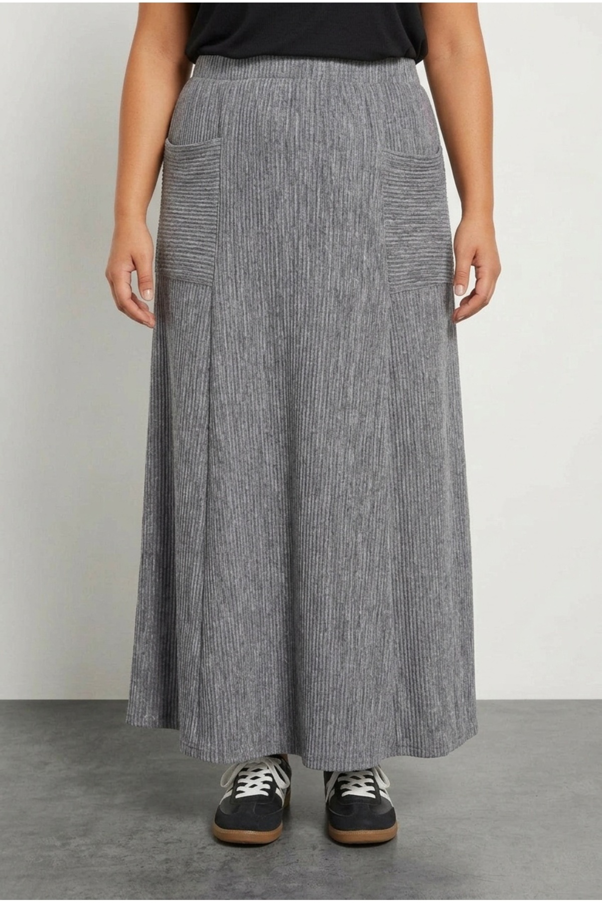 Stil Diva  Büyük Beden Pileli Beli Lastikli Önden Cepli Fitilli Maxi Etek 303899 - Görsel 4