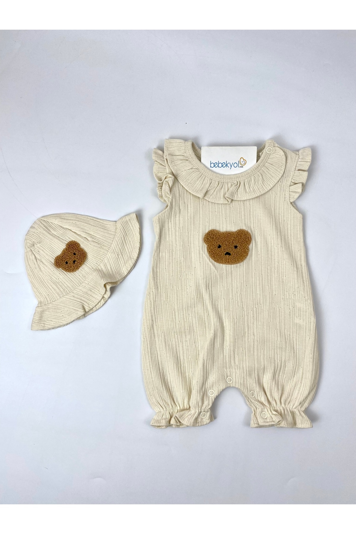 bebekyol Ayı Nakışlı Şapkalı Kız Bebek Yazlık Tulum fotoğrafı 2 (önizleme)