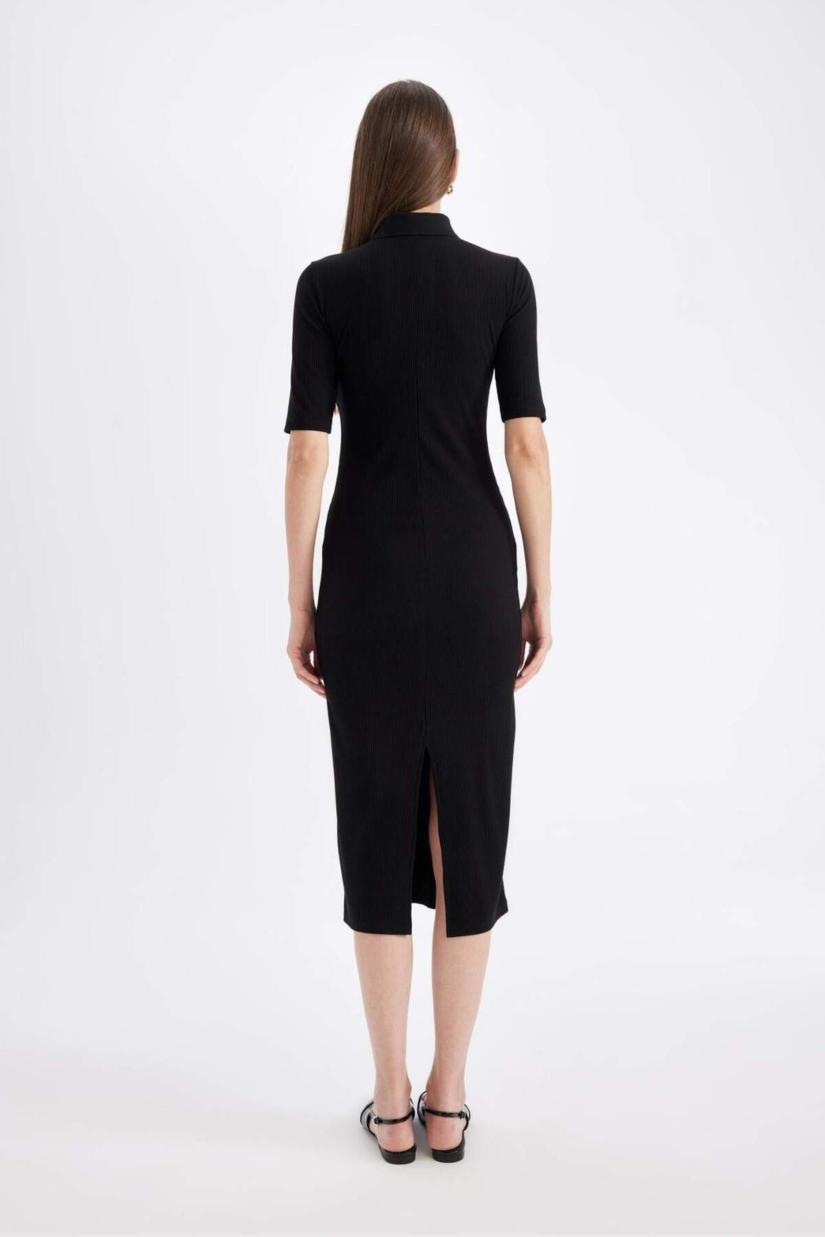 Defacto  Bodycon Vücuda Oturan Basic Düz Düğmeli Polo Yaka Fitilli Kaşkorse Yarım Kollu Midi Siyah Elbise C28 - Görsel 6