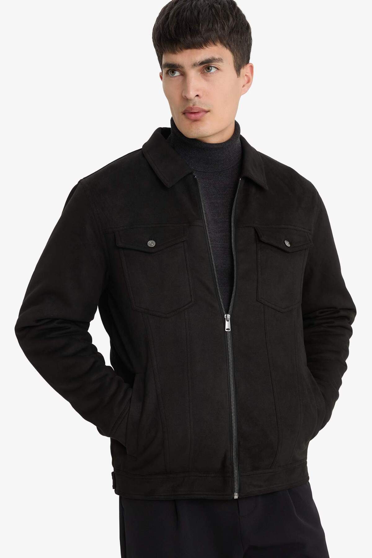 DeFacto Slim Fit Gömlek Yaka Fermuarlı İç Cepli Süet Mevsimlik Ceket Mont A3254AX23WN — مشکی