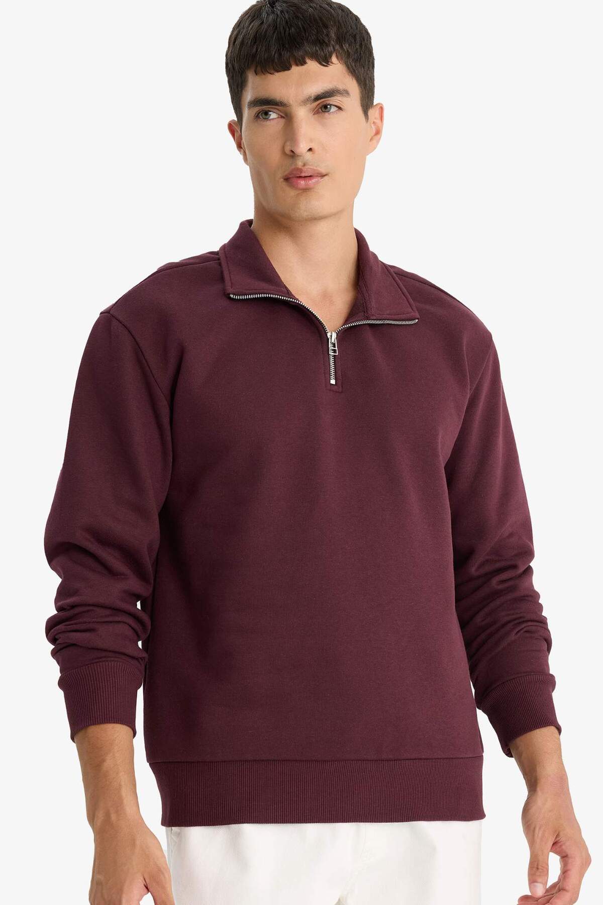 Defacto  Comfort Regular Fit Rahat Kalıp Fermuarlı Dik Yaka Basic Düz Sweatshirt X7405AZ23AU
