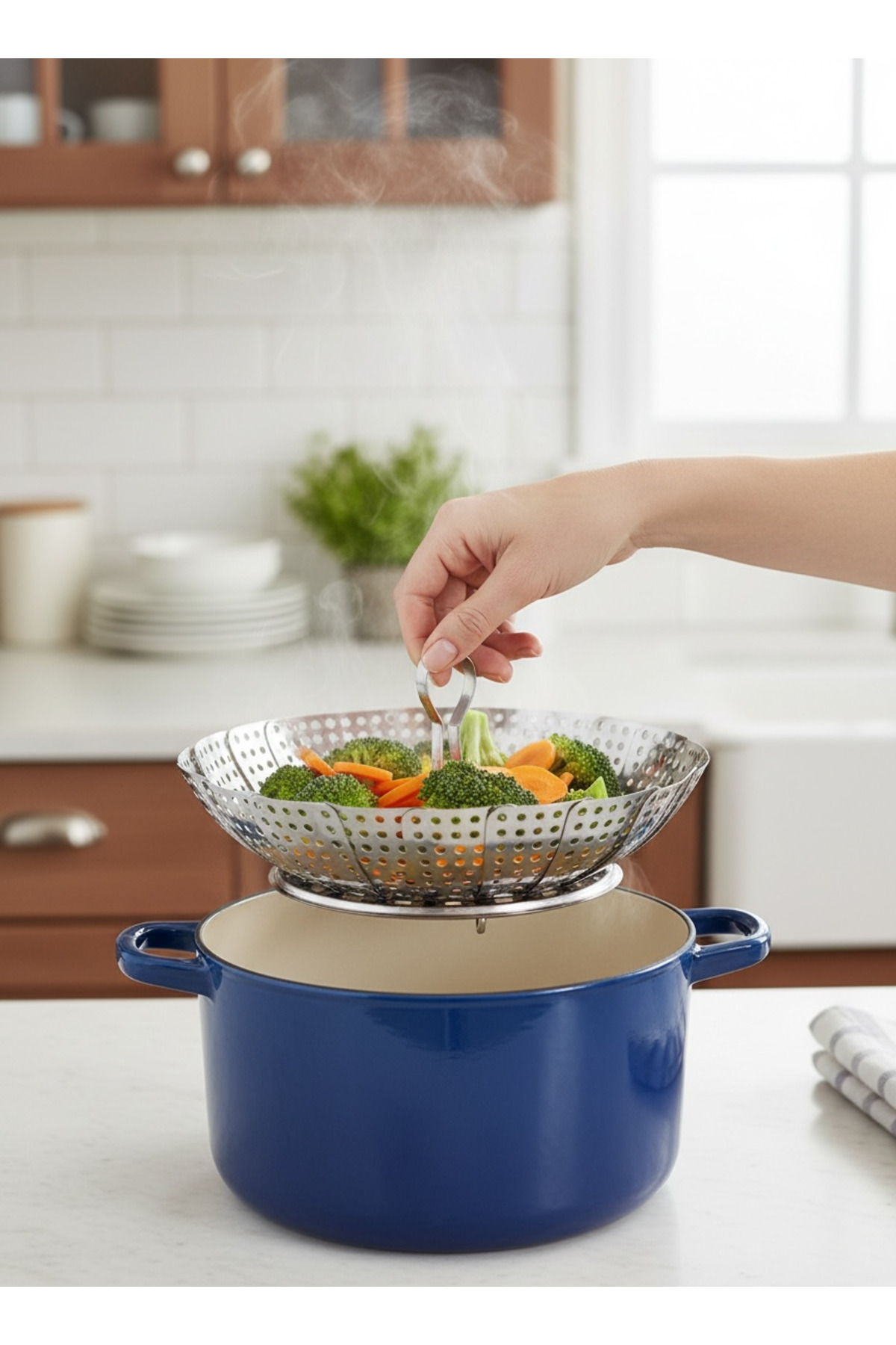HOLLYHOME Paslanmaz Çelik Buharda Sebze Pişirme Haşlama Aparatı Katlanabilir Buharlı Pişirici HH fotoğrafı 6 (önizleme)