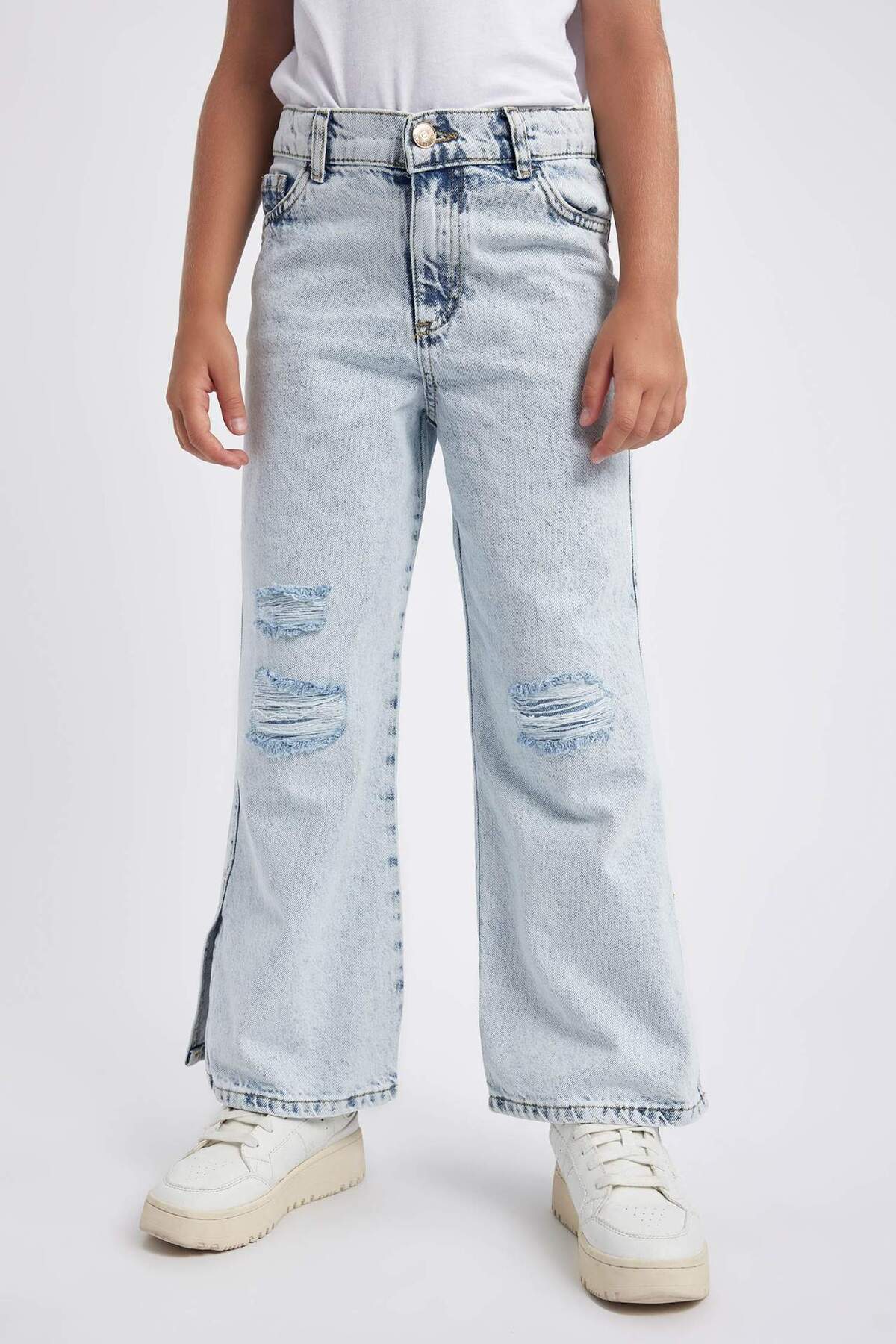 Defacto Kız Çocuk Wide Leg Yırtık Detaylı Geniş Paça Jean Pantolon