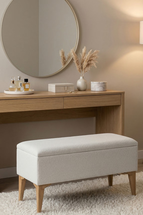 MEFAKS TEKSTİL Sandıklı Bench Puf Krem – Kapaklı Ahşap Ayaklı Fonksiyonel Otu...