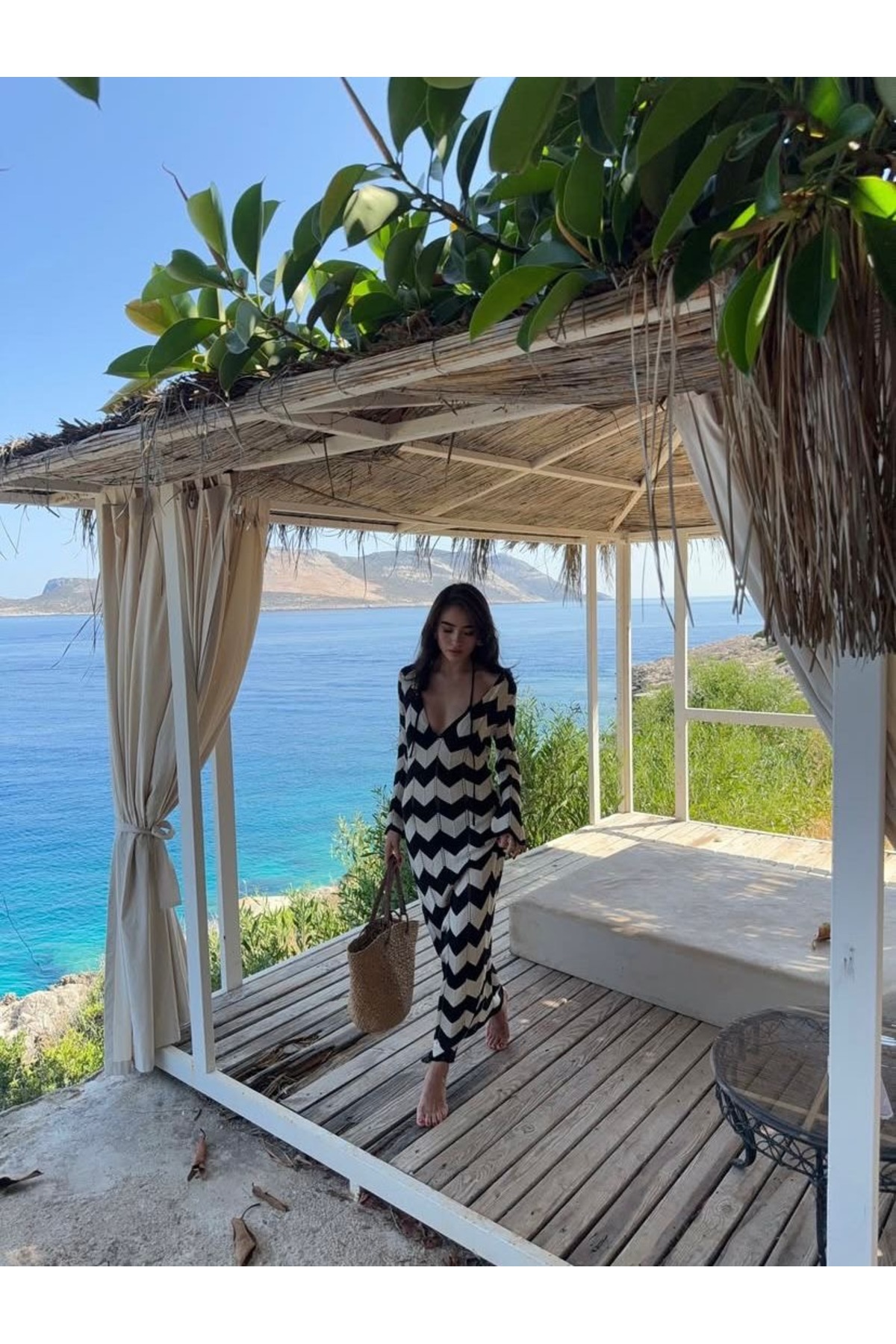 MARLİNG  Zigzag Desenli Uzun Triko Elbise V Yaka Yazlık Plaj Elbisesi Bohem Maxi Elbise - Görsel 7