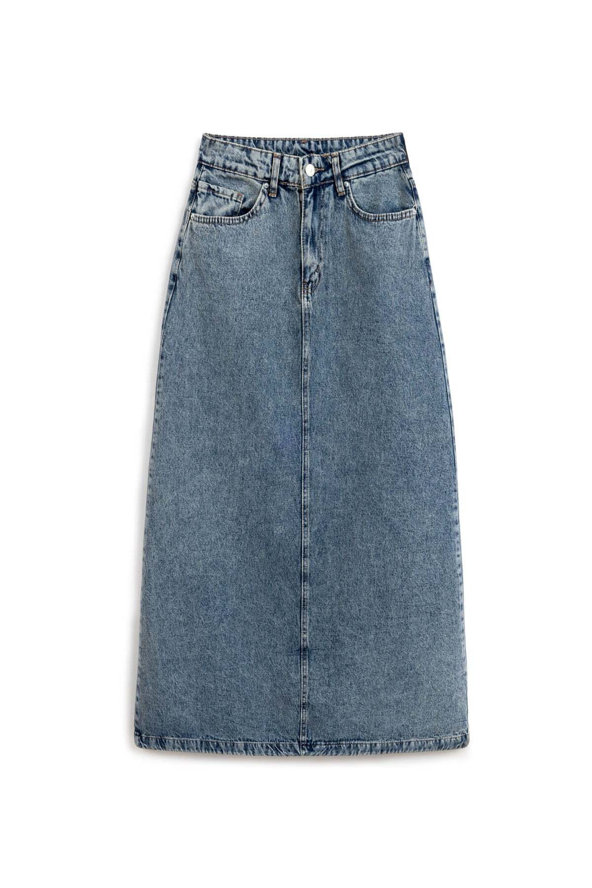 praye  Uzun Çan Denim Etek Eskitme Kot