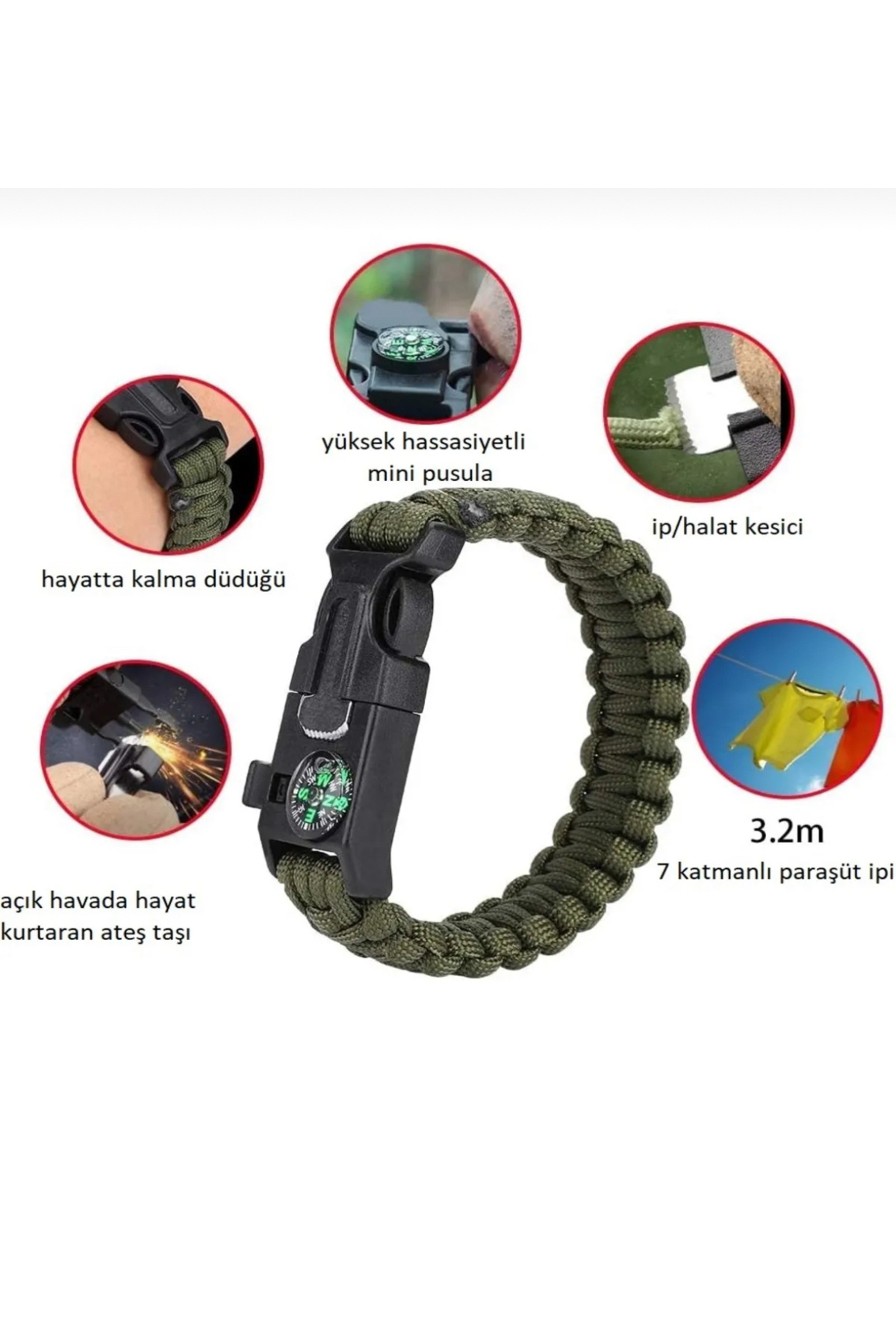 Hombak Deprem Bileklik Taktikal Yeşil Taktik Bileklik Magnezyum Çubuklu Düdüklü Unisex Bileklik Hediyelik fotoğrafı 5 (önizleme)