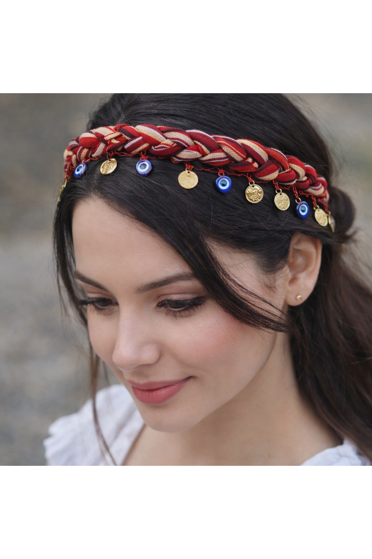 Black Sea Braided, Elastic Bandana, Evil Eye Beaded and Pounded Kesan, Scarf, Shawl, Hair Band, Pushi