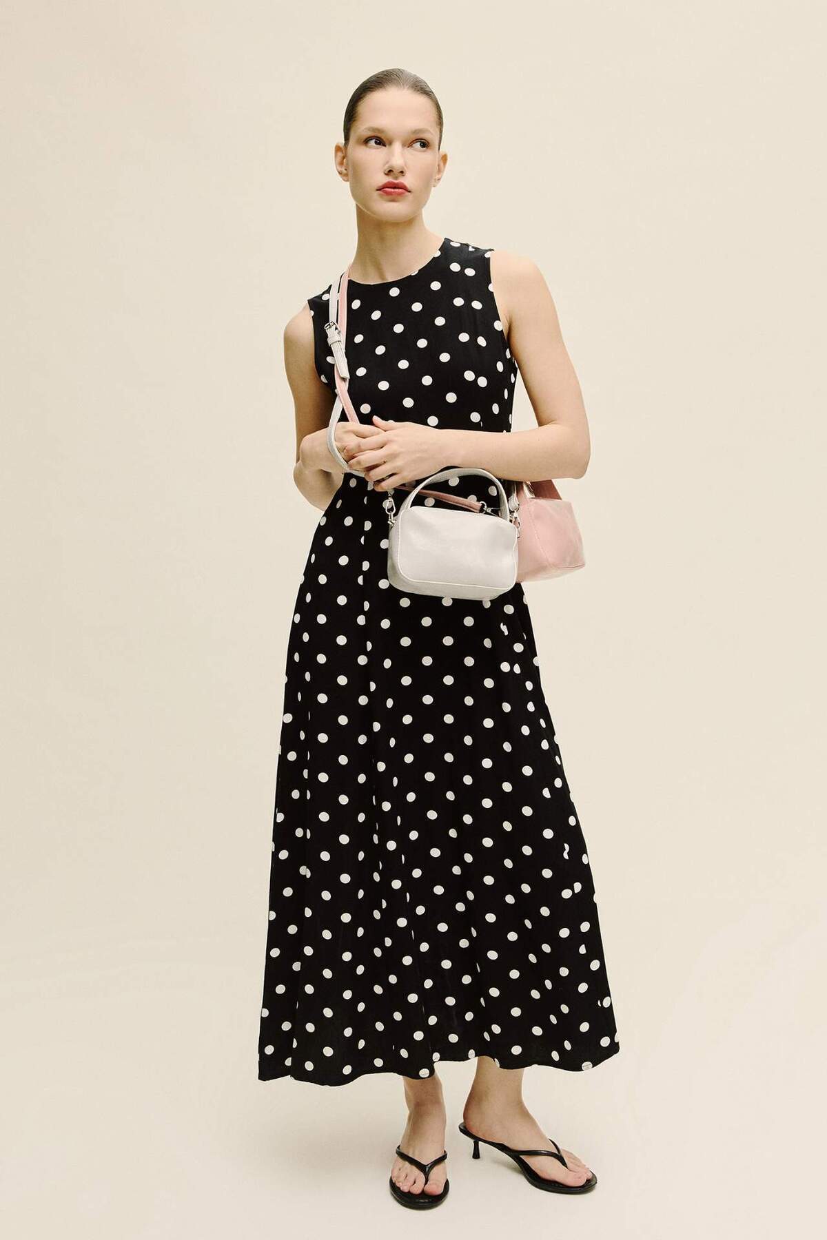 Defacto  Bisiklet Yaka Puantiyeli Poplin Kolsuz Midi Elbise F8241AX25AU