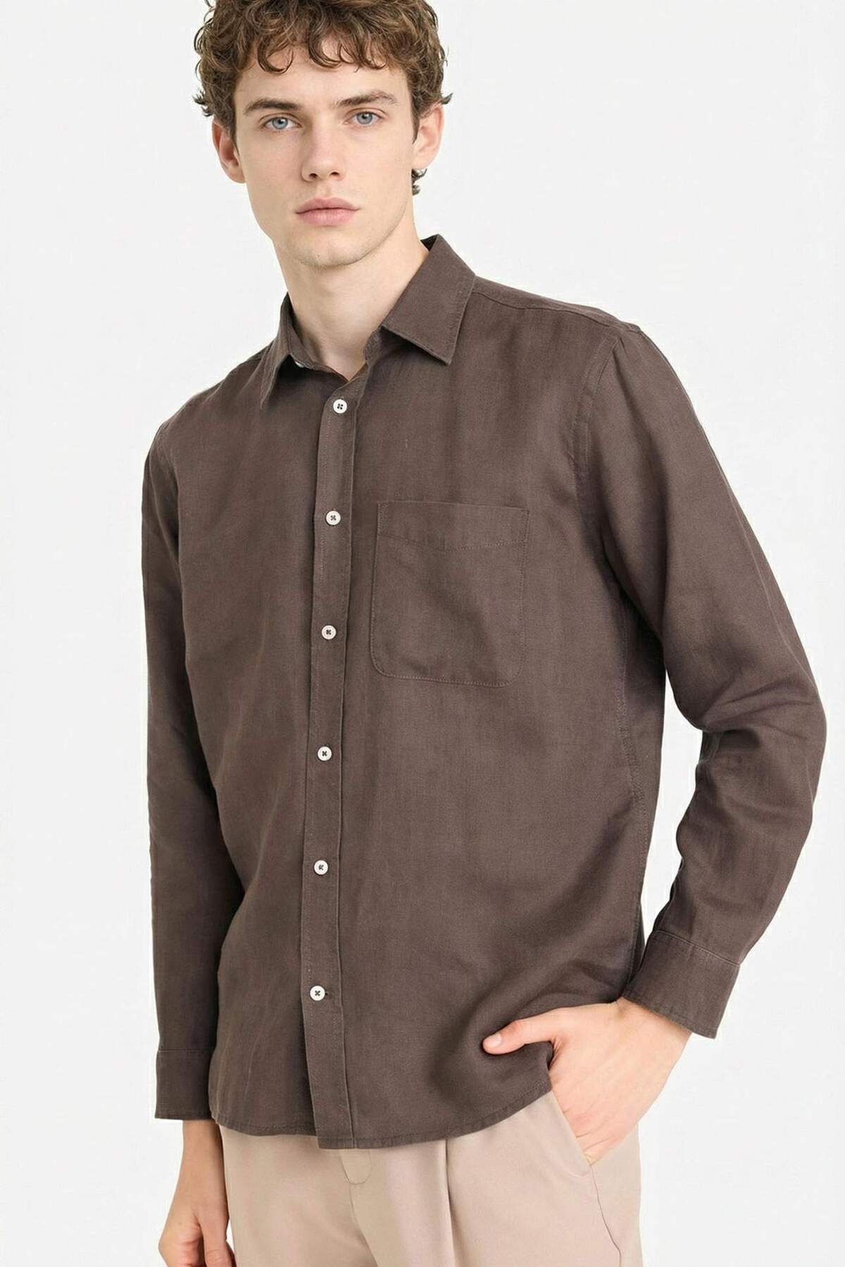 %100 Keten Regular Fit Gömlek G0788AX26SM — قهوه‌ای — تصویر 4 از 7